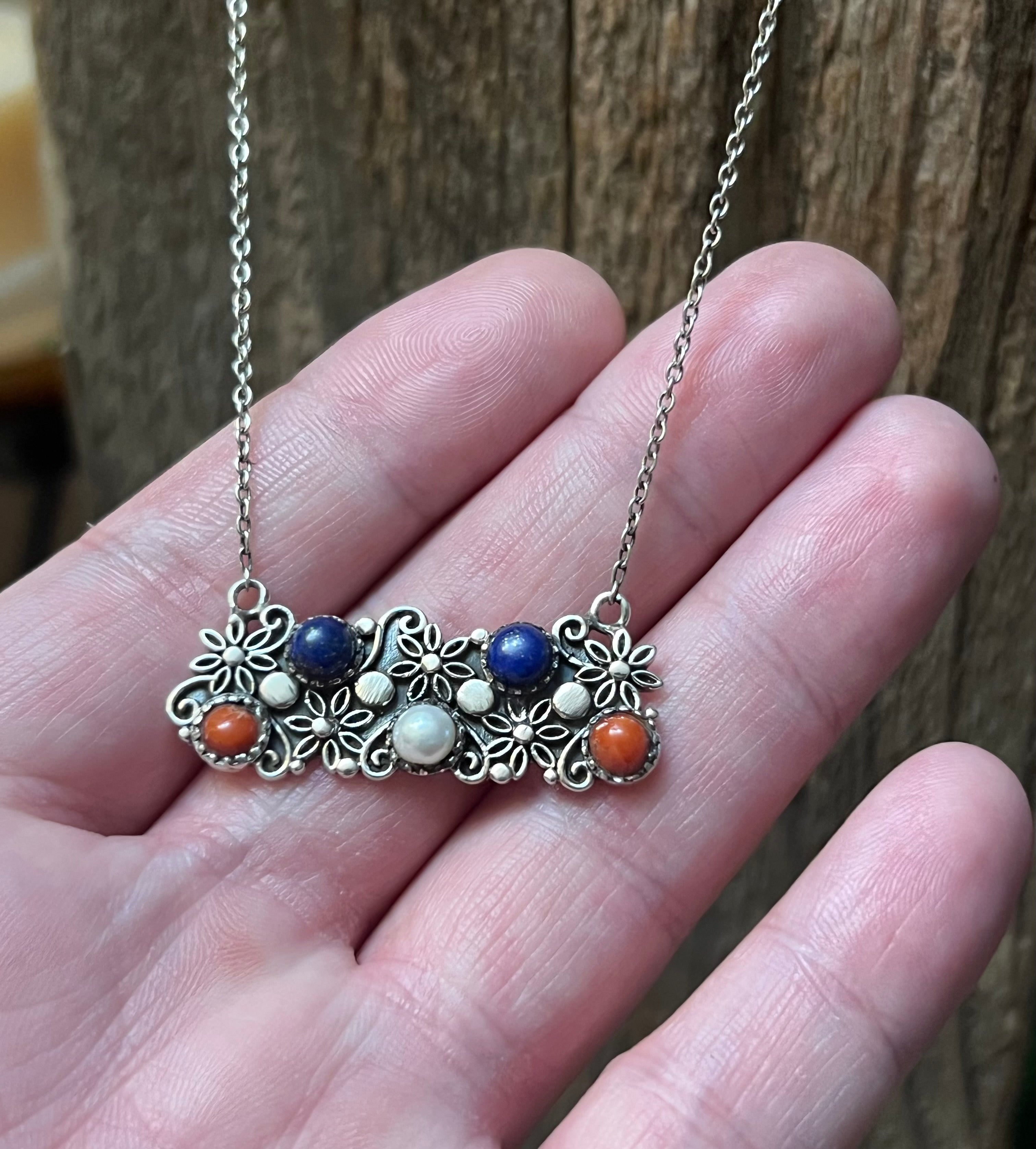 4TH OF JULY COLLECTION Handmade Coral, Pearl, Lapis & Sterling Silver Flower Bar Necklace
