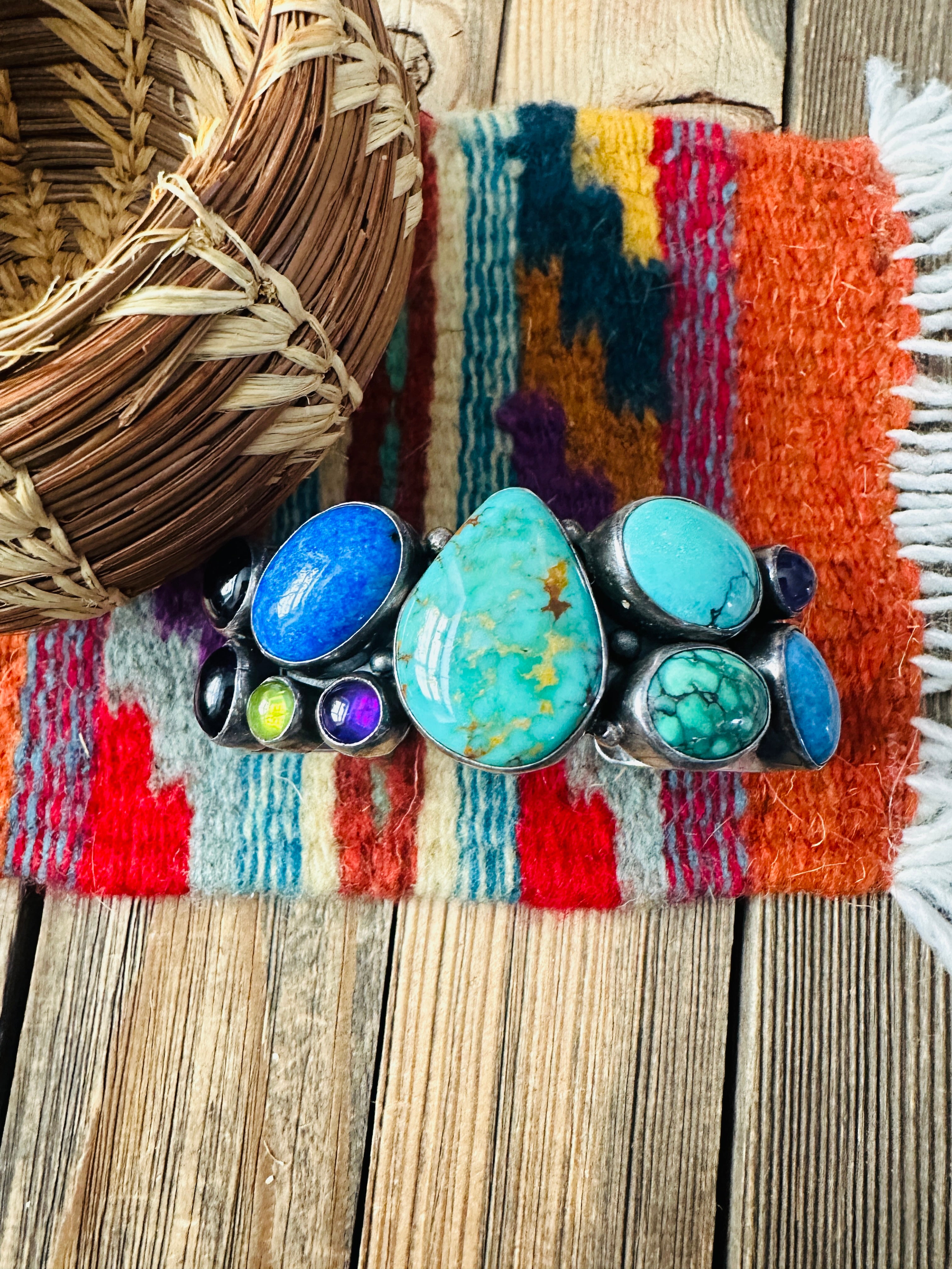 Handcrafted Old Pawn Sterling Silver & Multi Stone Cuff Bracelet