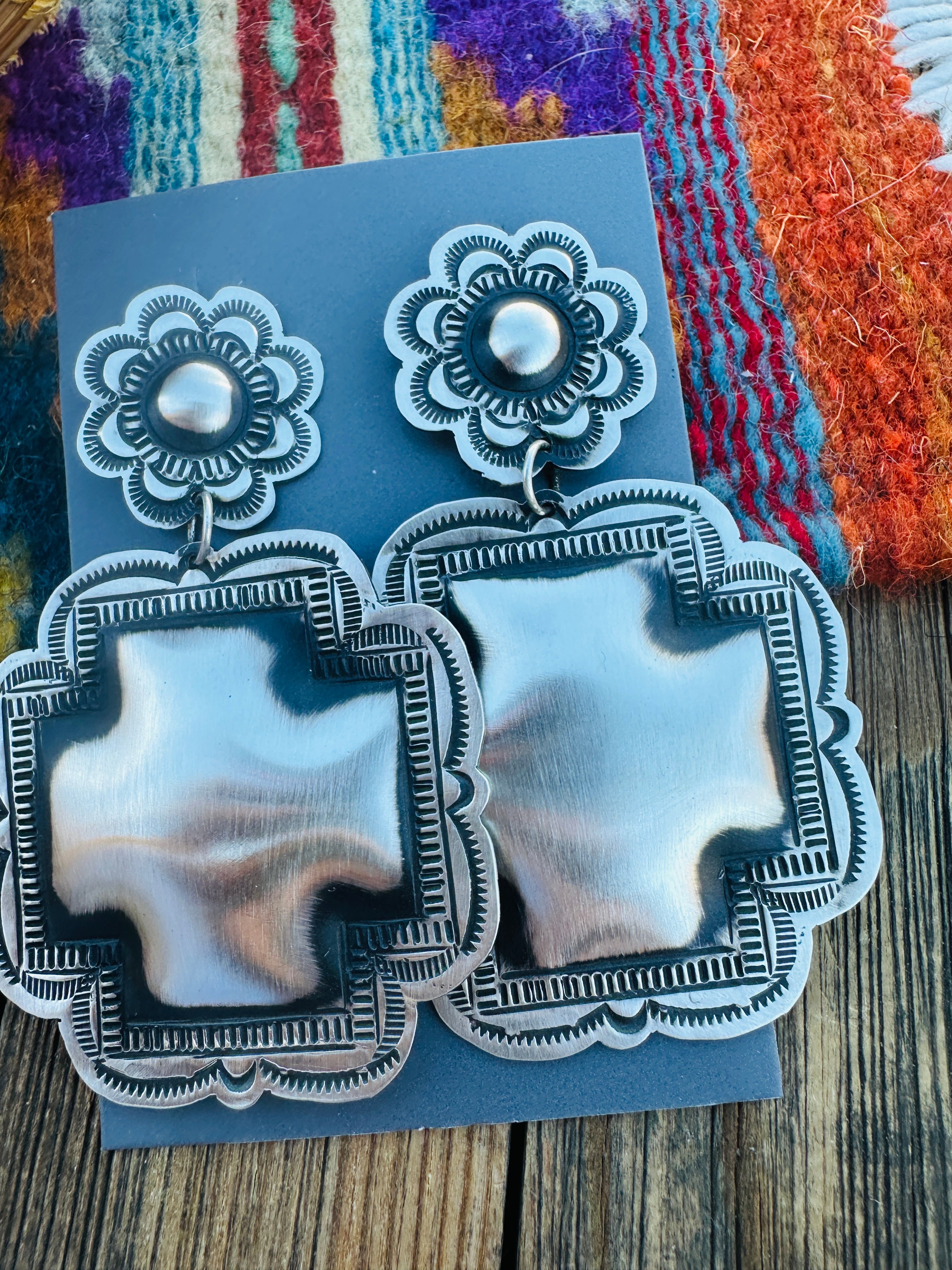 Handcrafted Sterling Silver Concho Cross Dangle Earrings by Leander Tahe