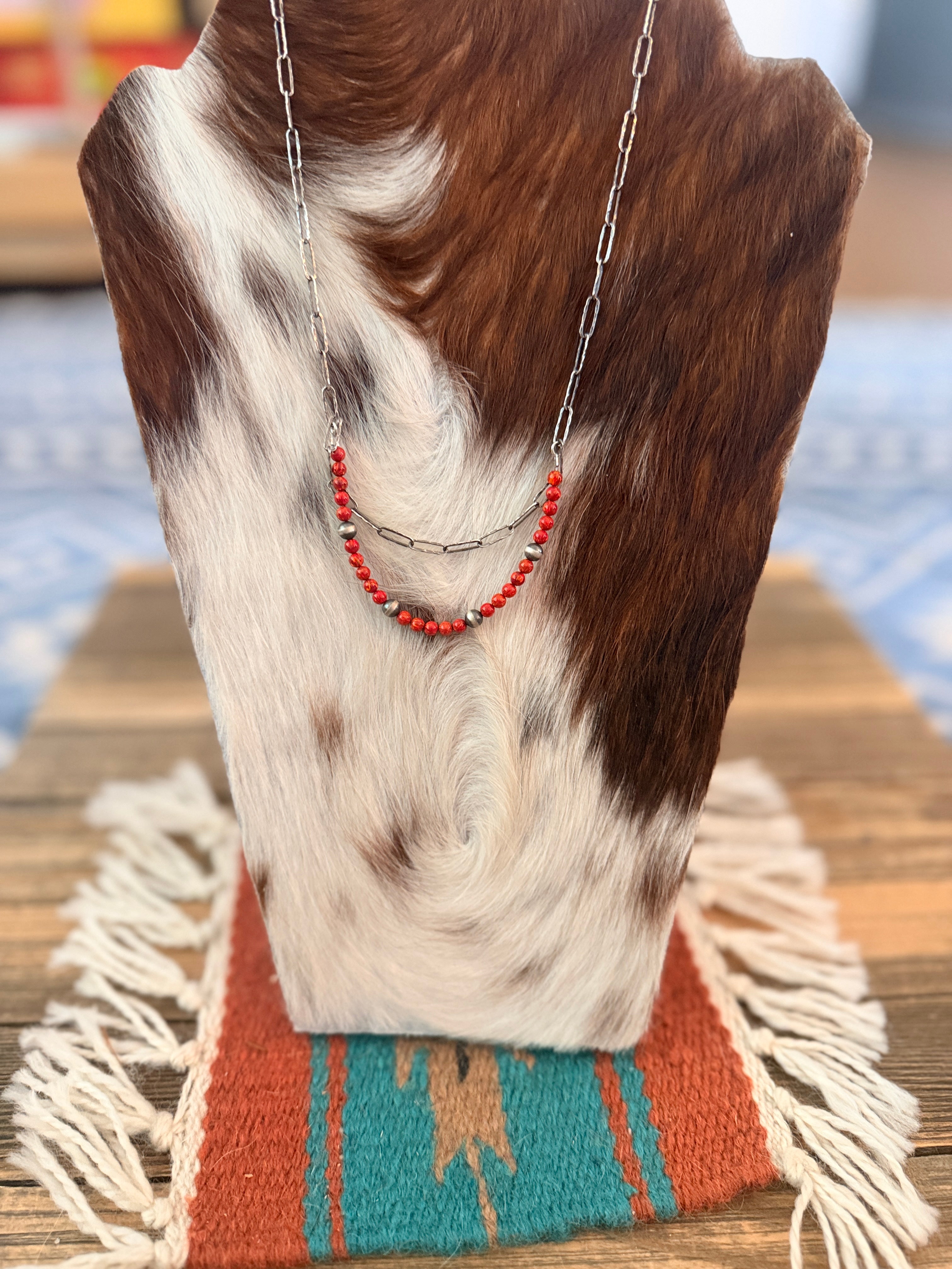 Handmade Sterling Silver & Red Fire Opal Beaded Necklace