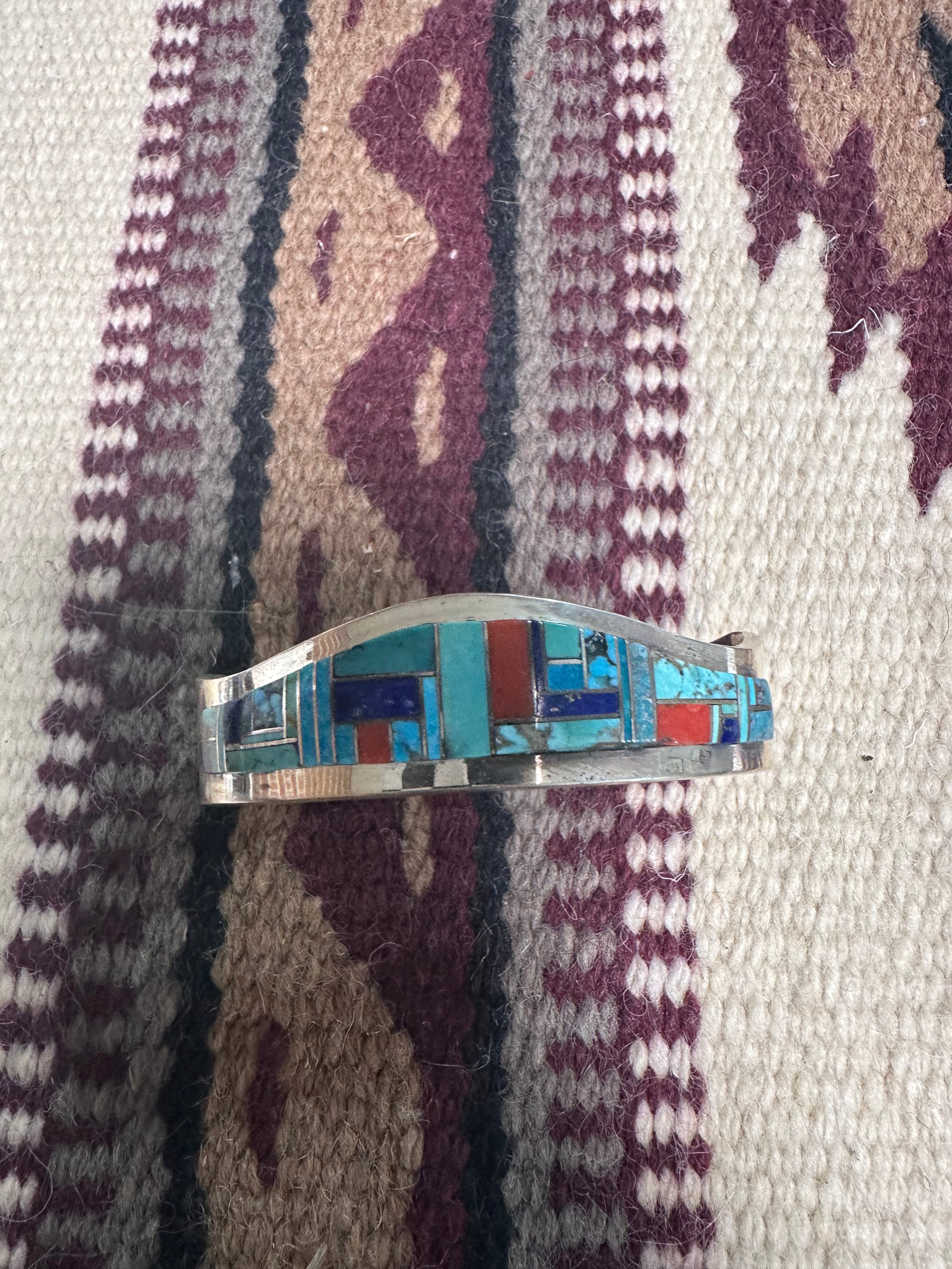 Handcrafted Multi Stone & Sterling Silver Inlay Cuff Bracelet Signed Patricia Becenti