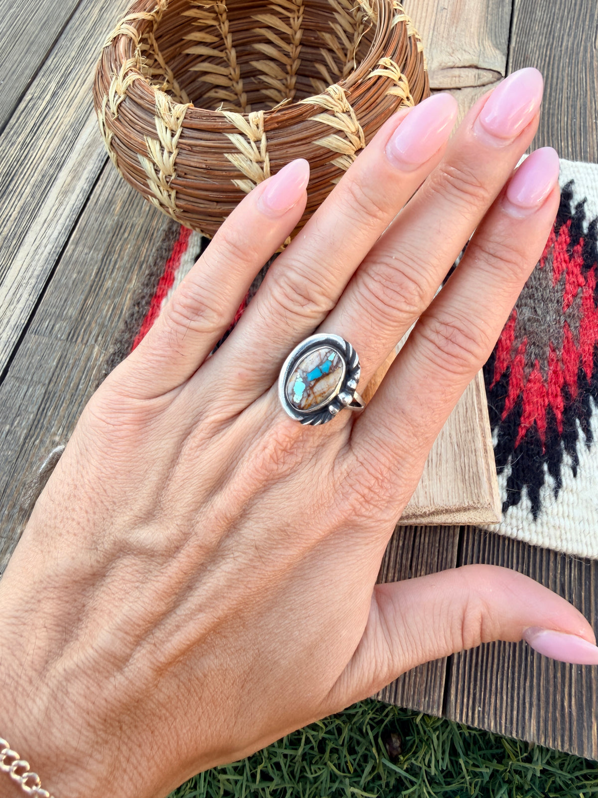 Handcrafted Ribbon Turquoise & Sterling Silver Ring Size 7.75