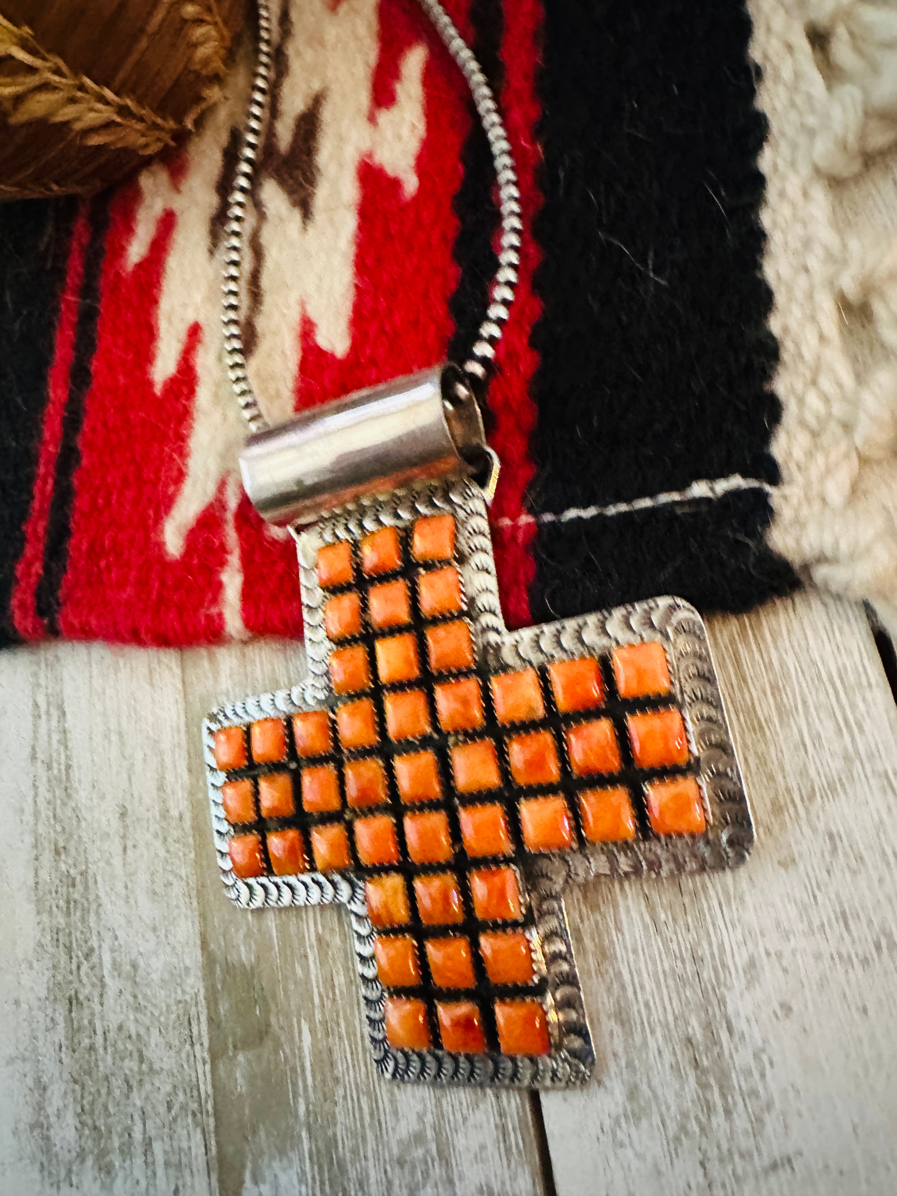 Handcrafted Sterling Silver & Orange Spiny Cross Pendant by Marcella James