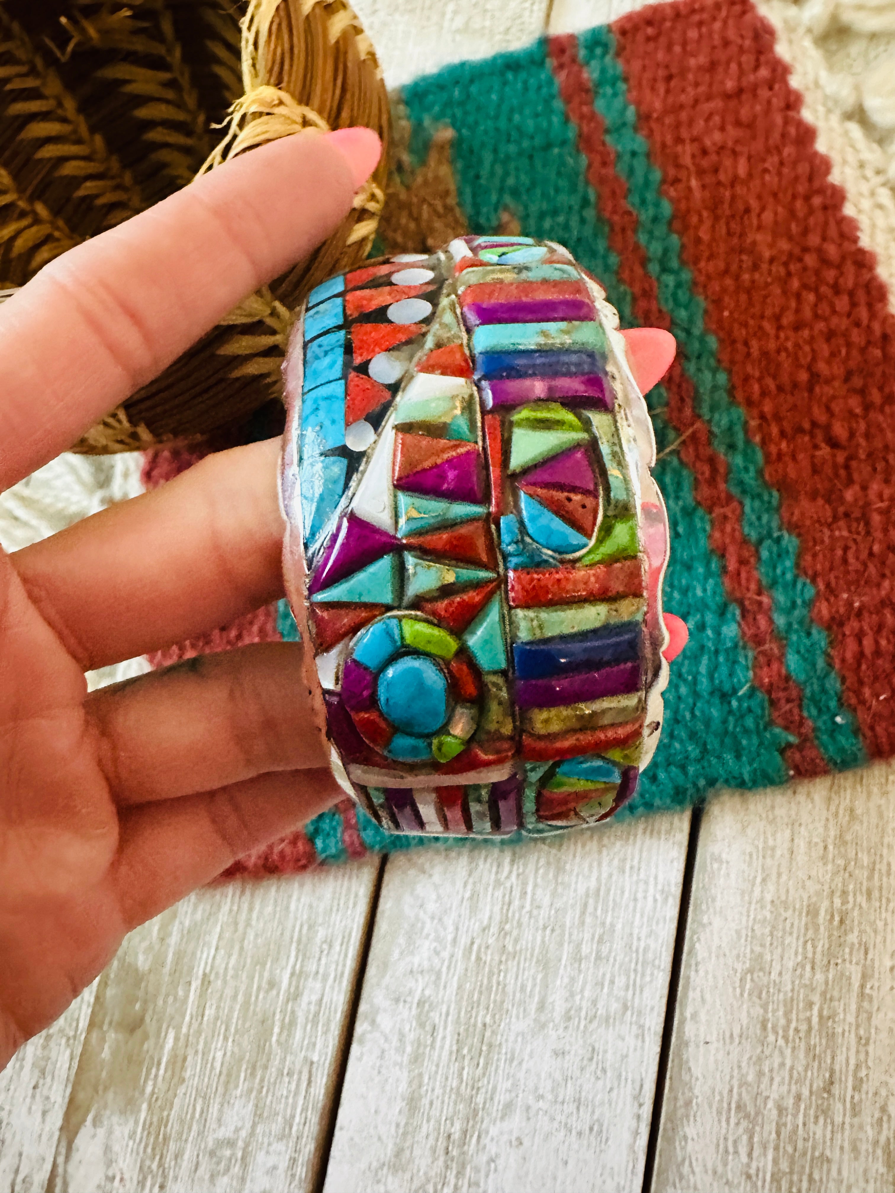 Handmade Sterling Silver Multi Stone Inlay Cuff