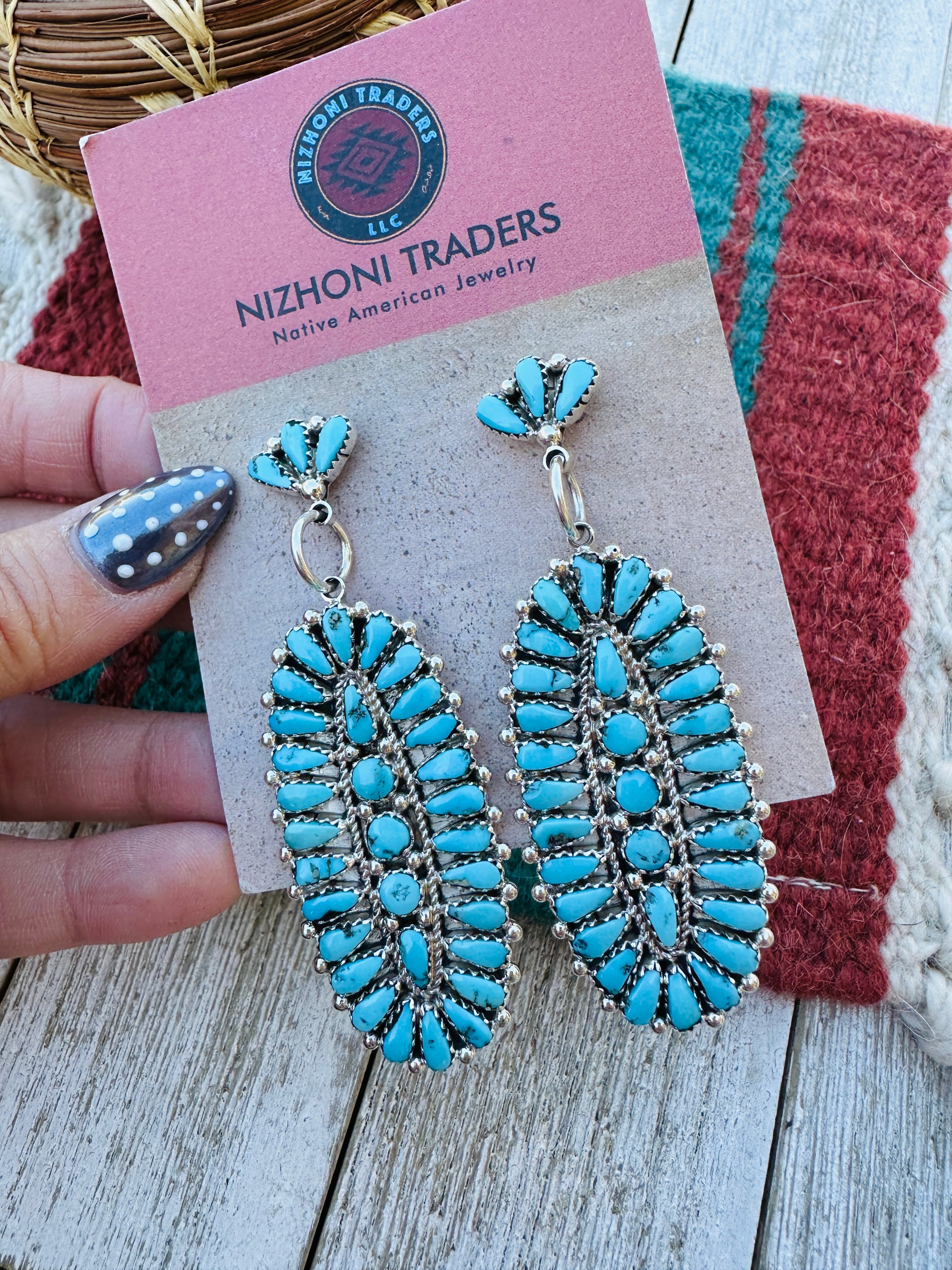 Handcrafted Sleeping Beauty Turquoise And Sterling Silver Cluster Dangle Earrings