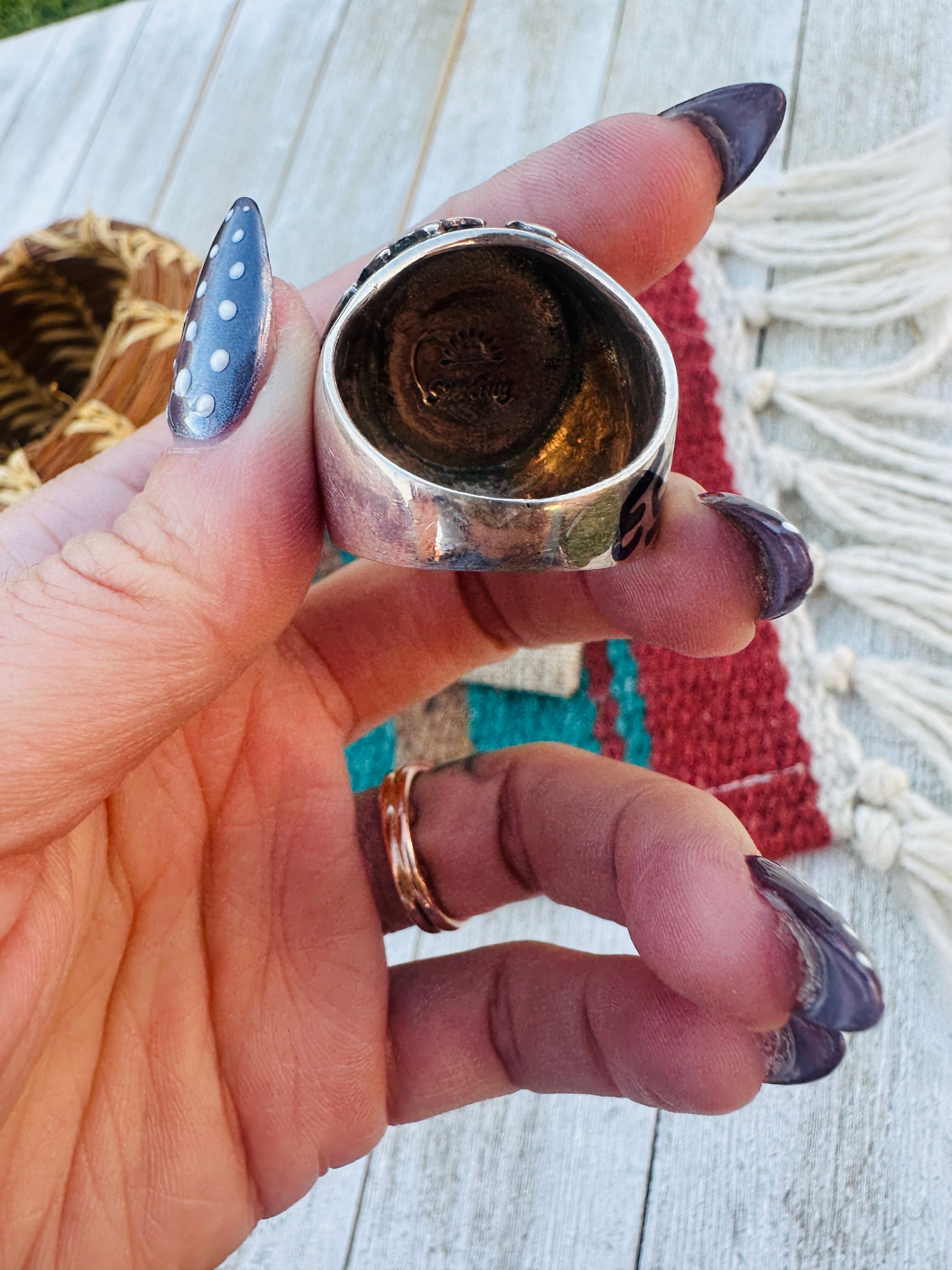 Old Pawn Handcrafted Multi Stone & Sterling Silver Inlay Ring Size 11.75