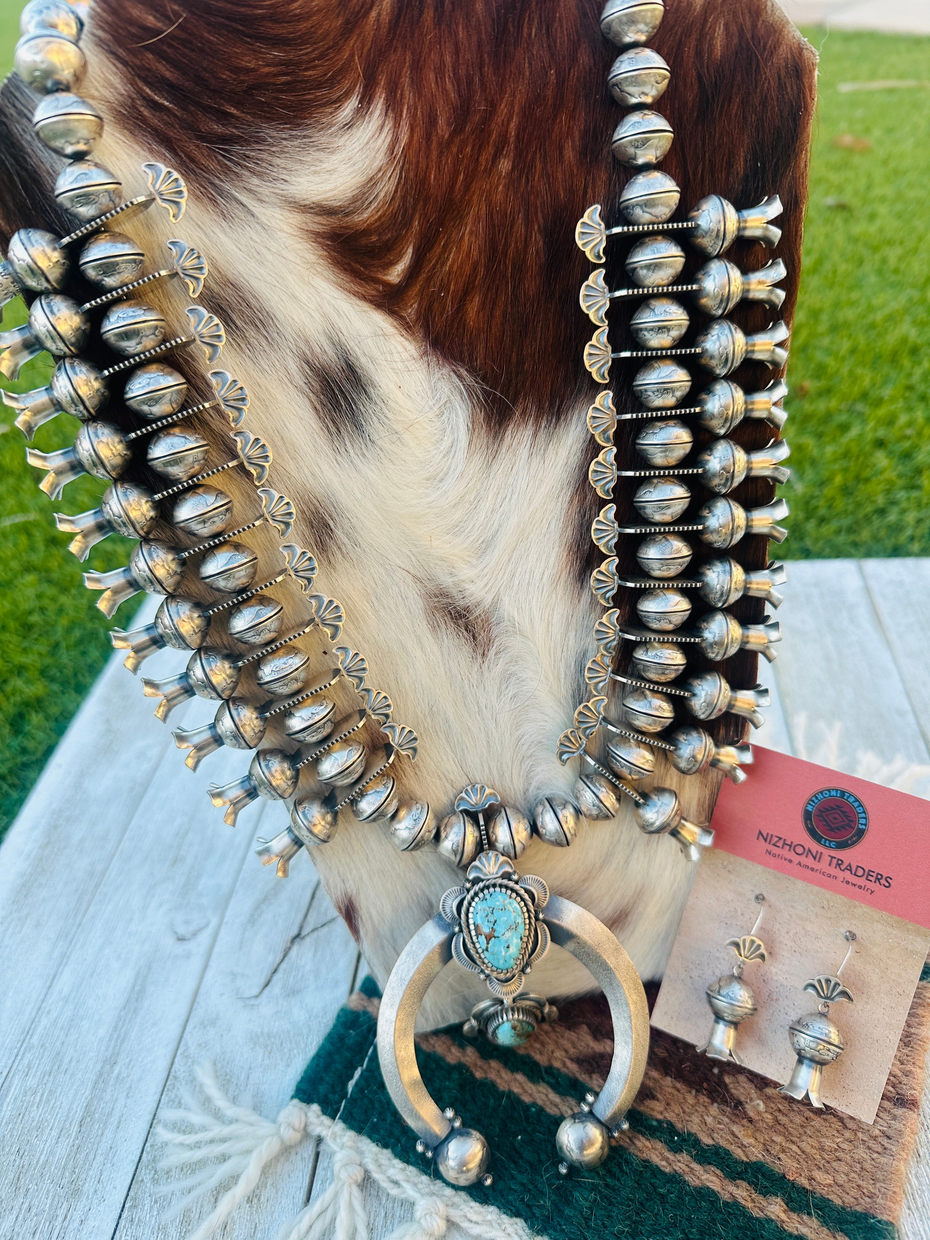 Handcrafted Turquoise & Sterling Silver Mercury Dime Beaded Squash Blossom Necklace and Earring Set by James McCabe