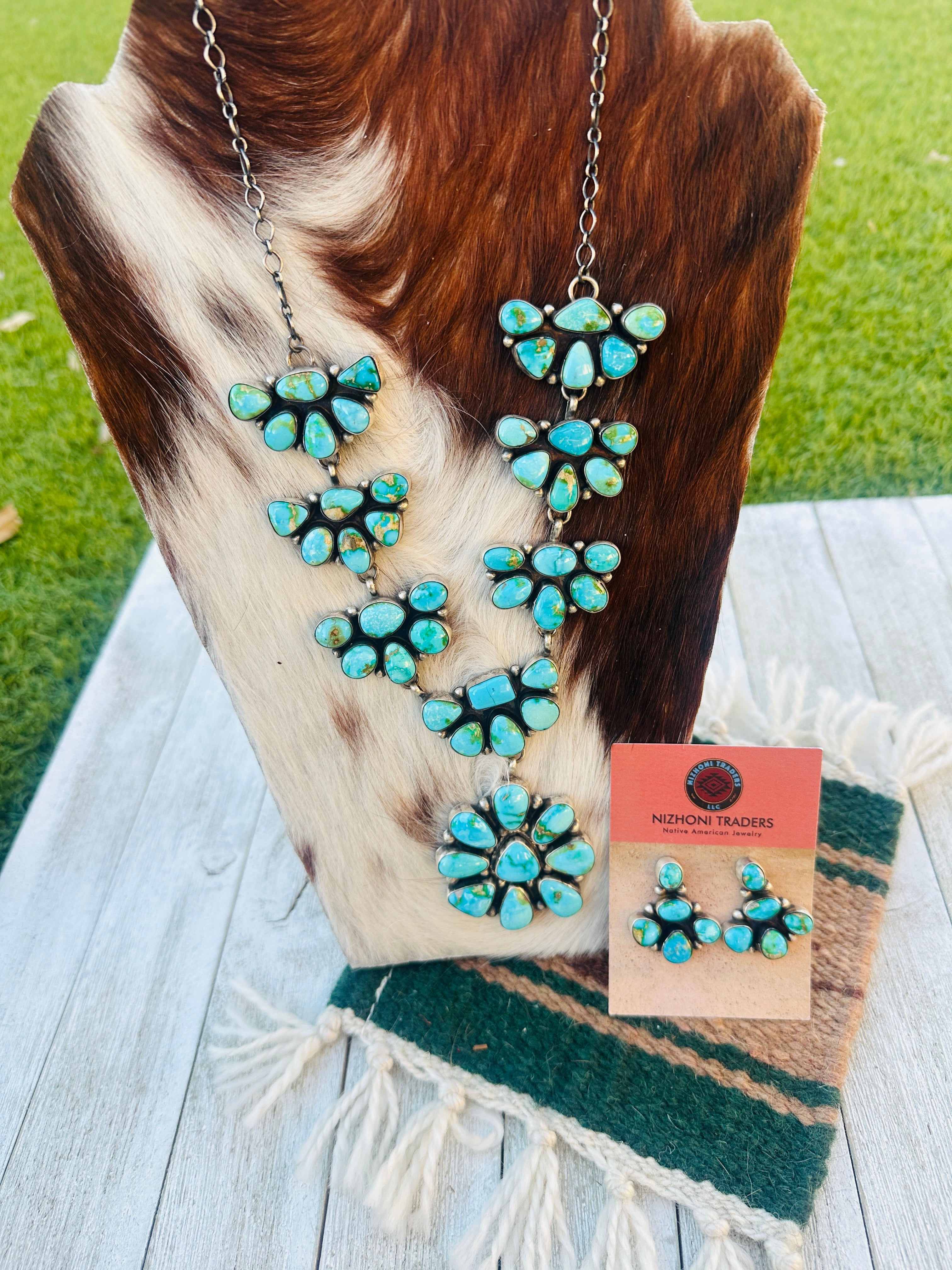 Handcrafted Sonoran Mountain Turquoise & Sterling Silver Necklace and Earring Set by Sheila Becenti