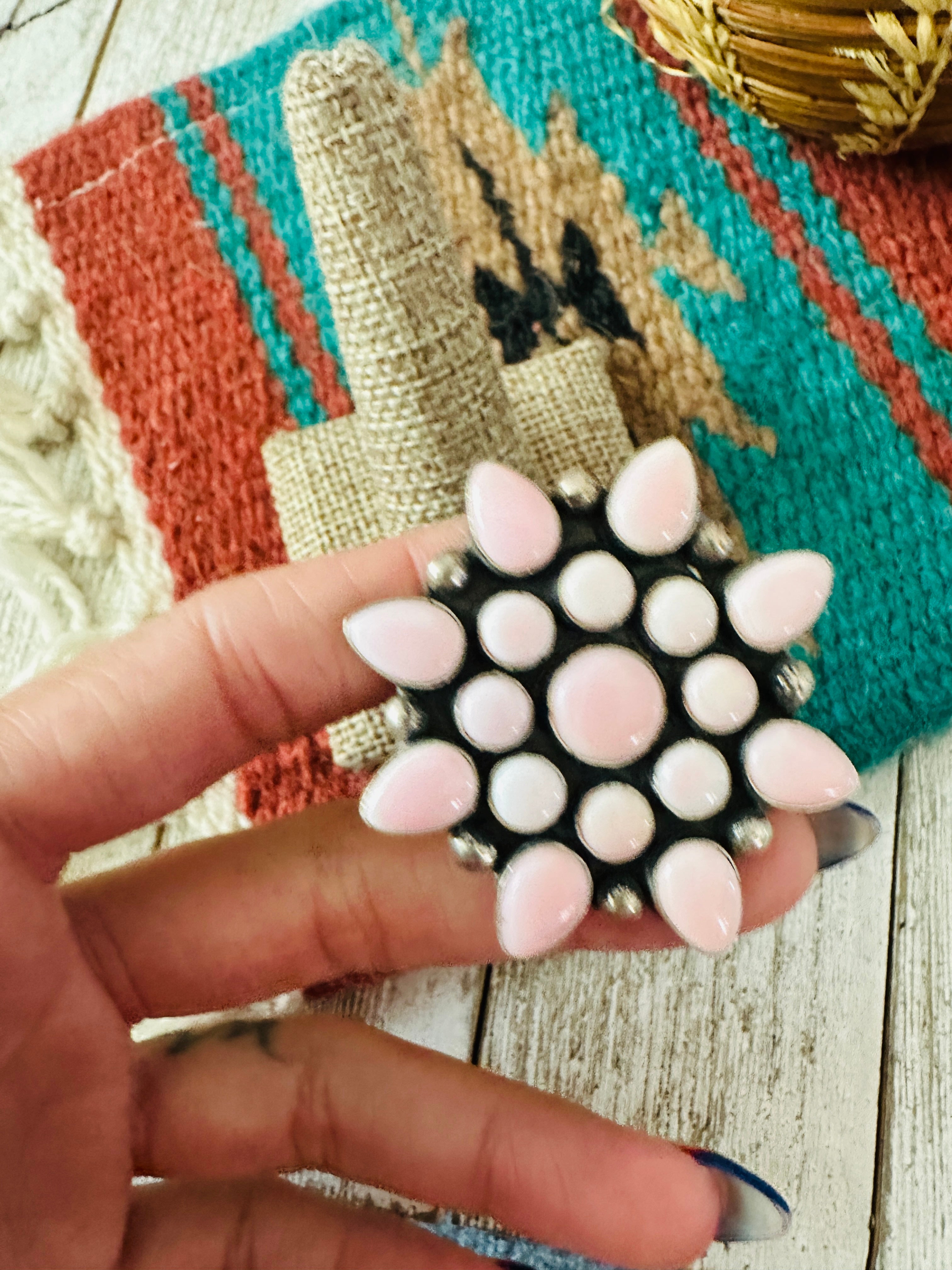 Handcrafted Sterling Silver & Queen Pink Conch Cluster Adjustable Ring