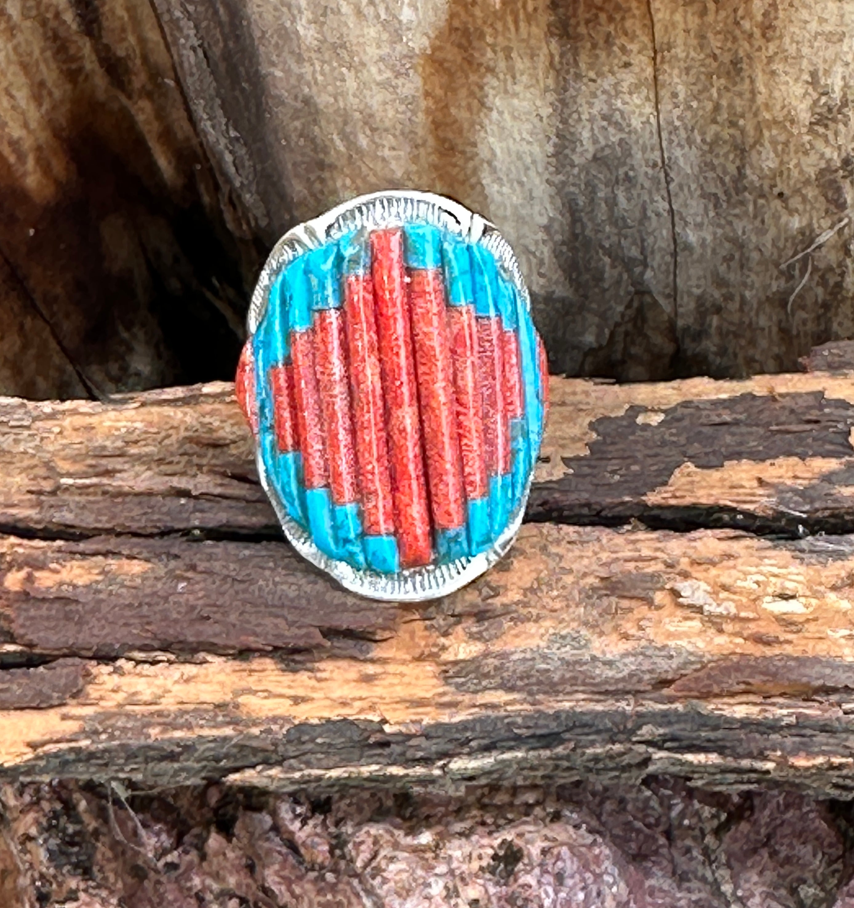 Handmade Turquoise, Coral & Sterling Silver Adjustable Ring Signed Nizhoni