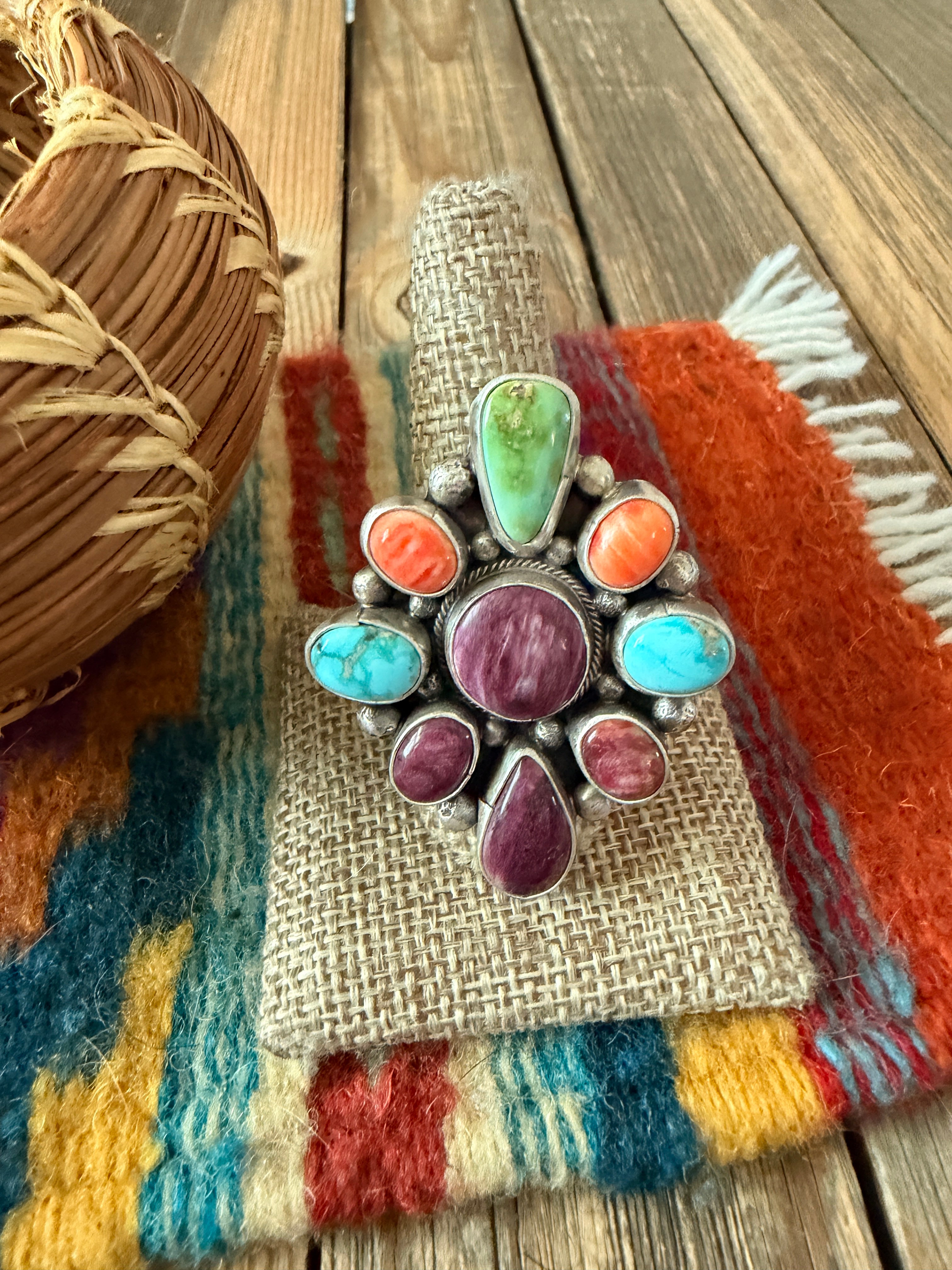Handcrafted Spiny Oyster, Turquoise & Sterling Silver Adjustable Cluster Ring by Sheila Becenti