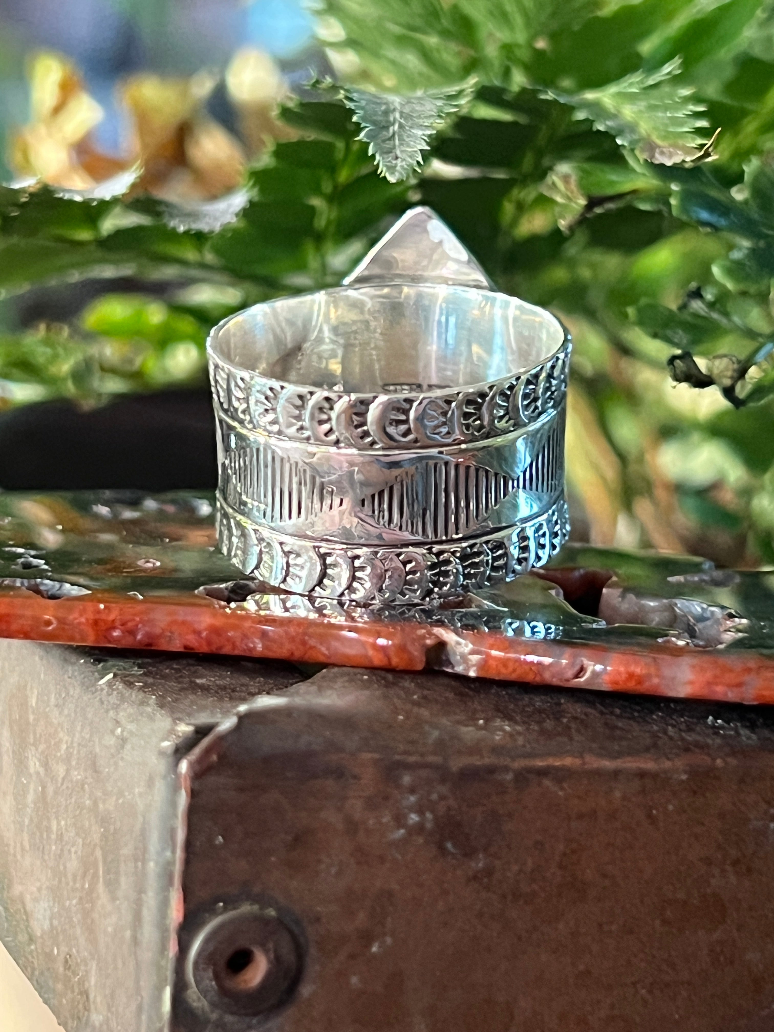 Handcrafted Hand Stamped Sterling Silver Diamond Motif Wide Shank Ring by Shaun Rogers, Size 11.5