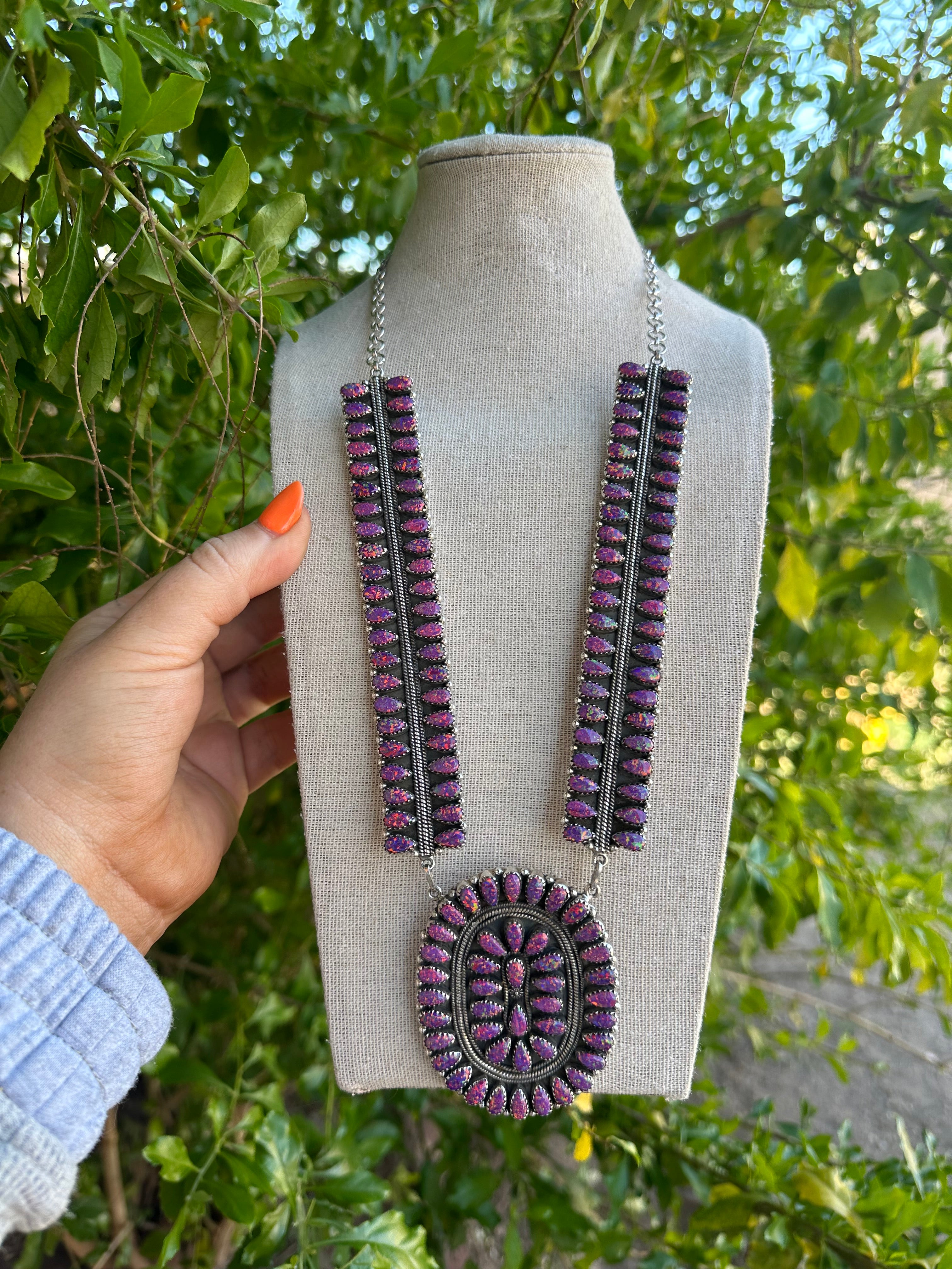 Handmade Dark Pink & Purple Fire Opal & Sterling Silver Statement Necklace