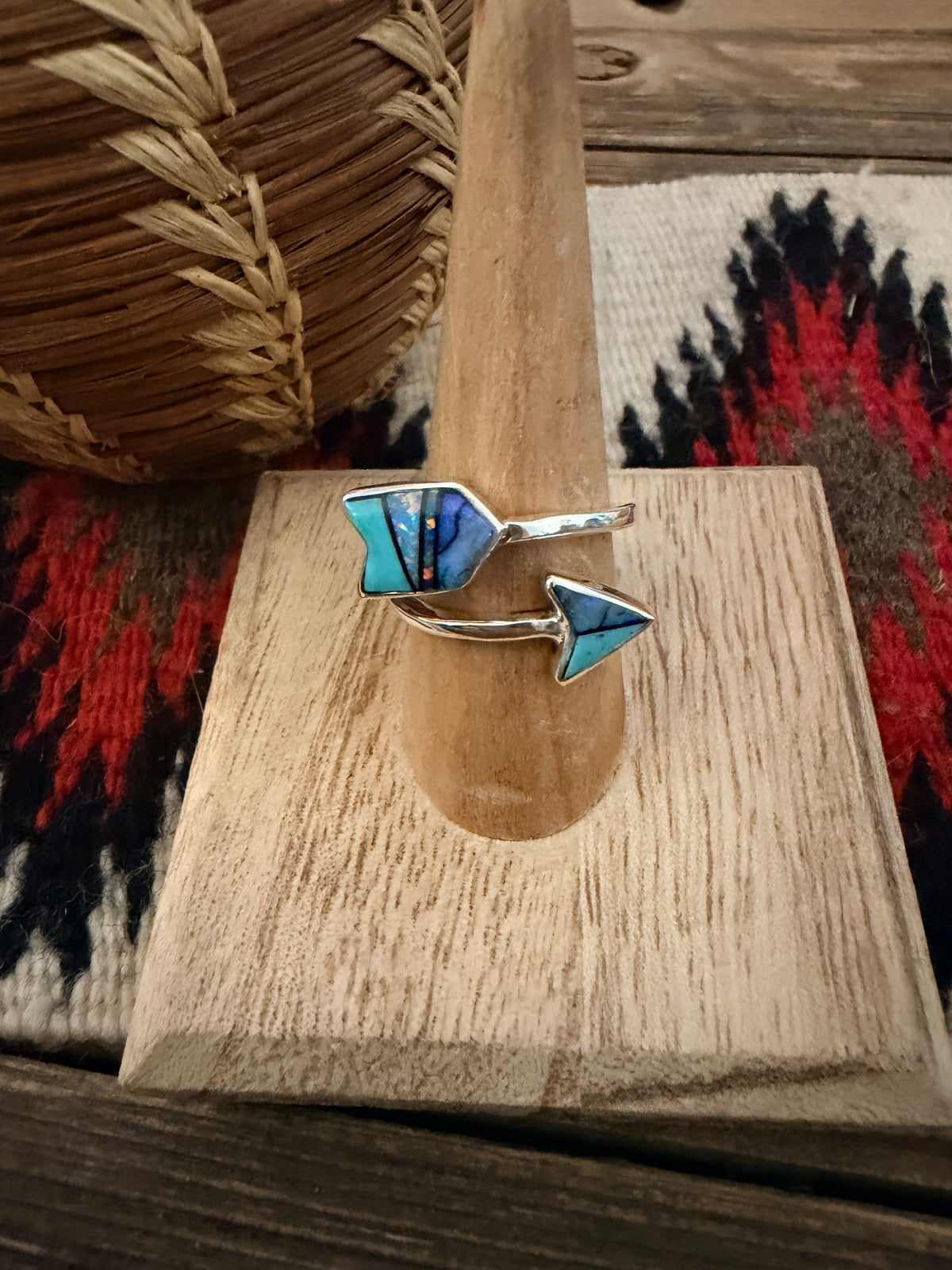 Handcrafted Sterling Silver, Opal & Turquoise Inlay Adjustable Arrow Ring