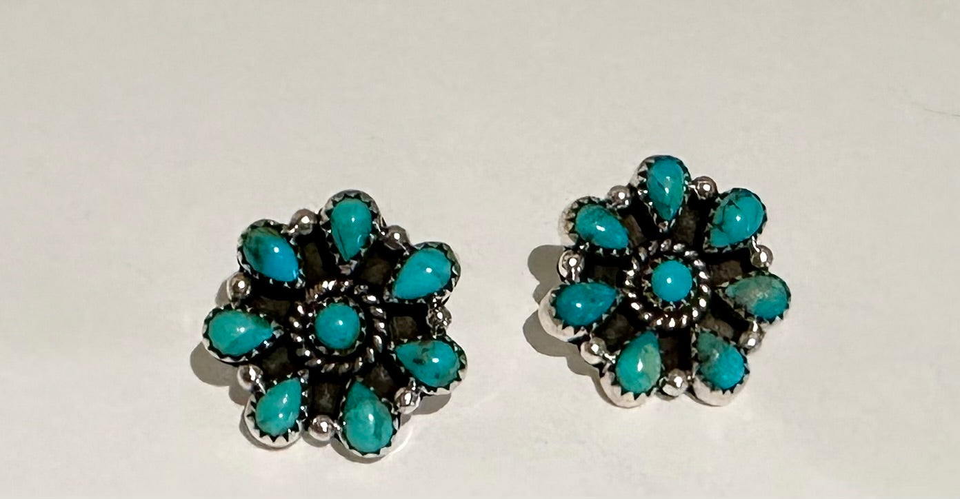 Handmade Flower Cluster Sterling Silver & Turquoise Post Earrings Signed Nizhoni 8 STONE LESLIES FAVE
