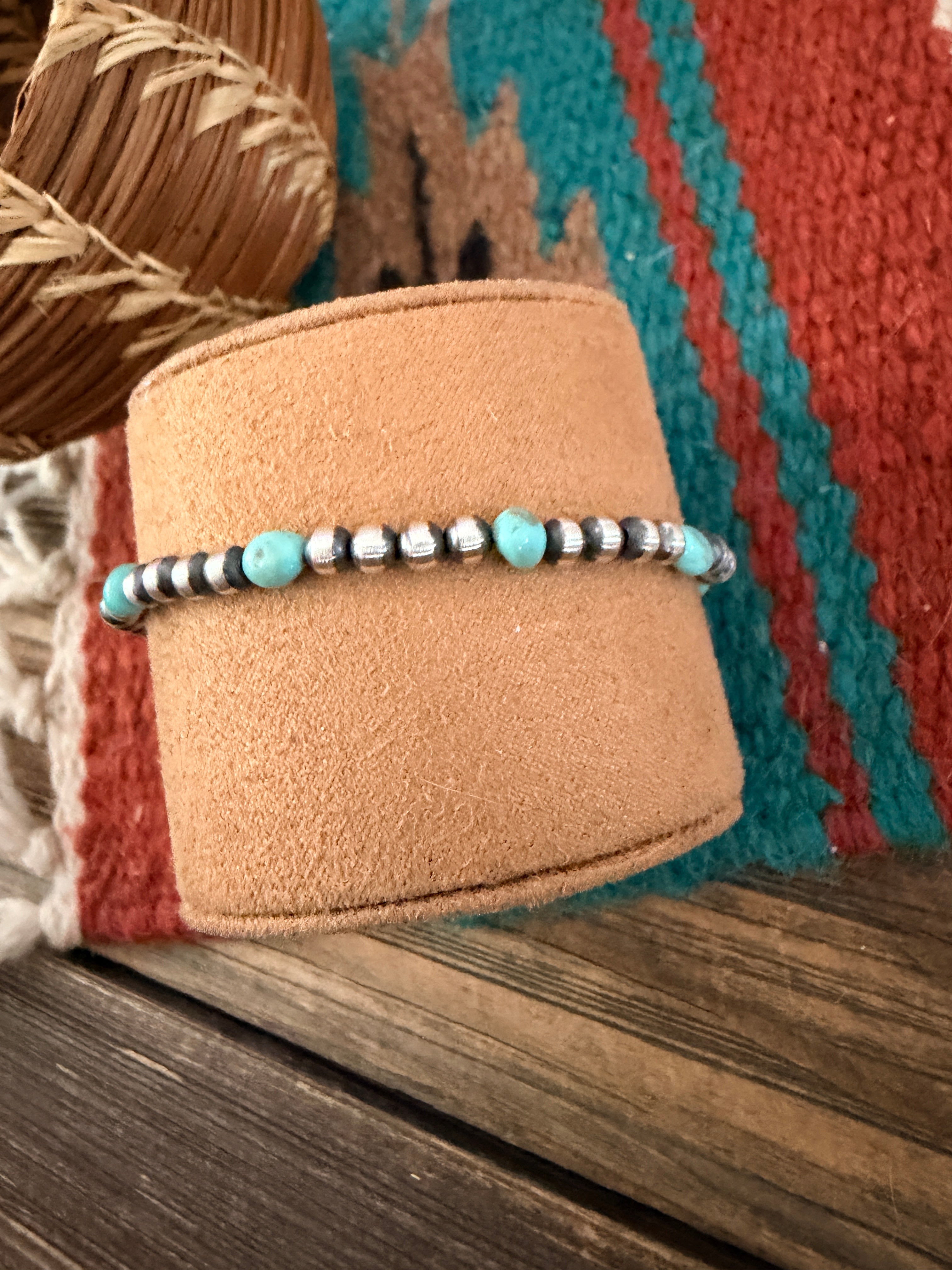 Handcrafted Turquoise & Sterling Silver Pearl Beaded Bracelet