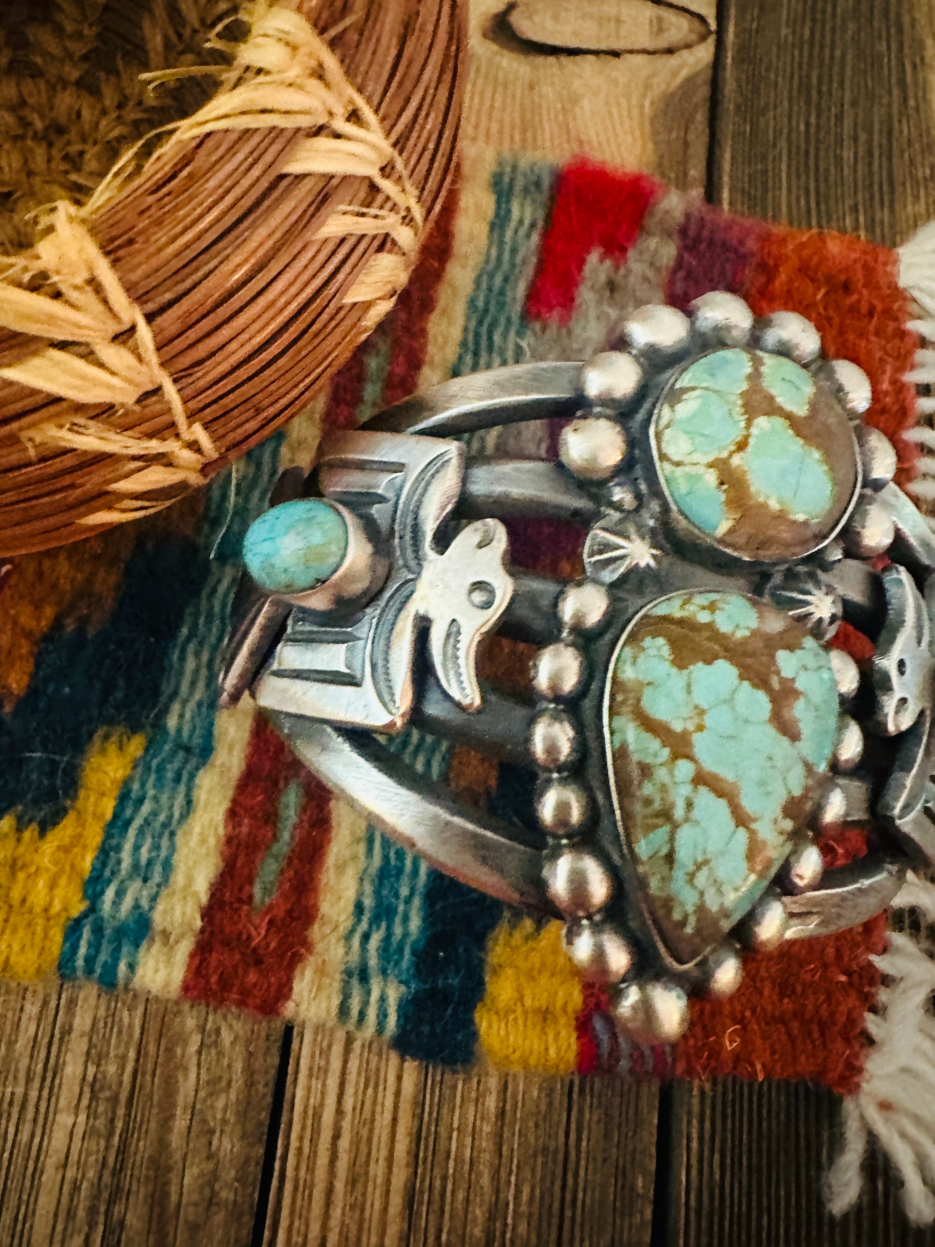 Handcrafted Sterling Silver & Number 8 Turquoise Thunderbird Cuff Bracelet by Chimney Butte