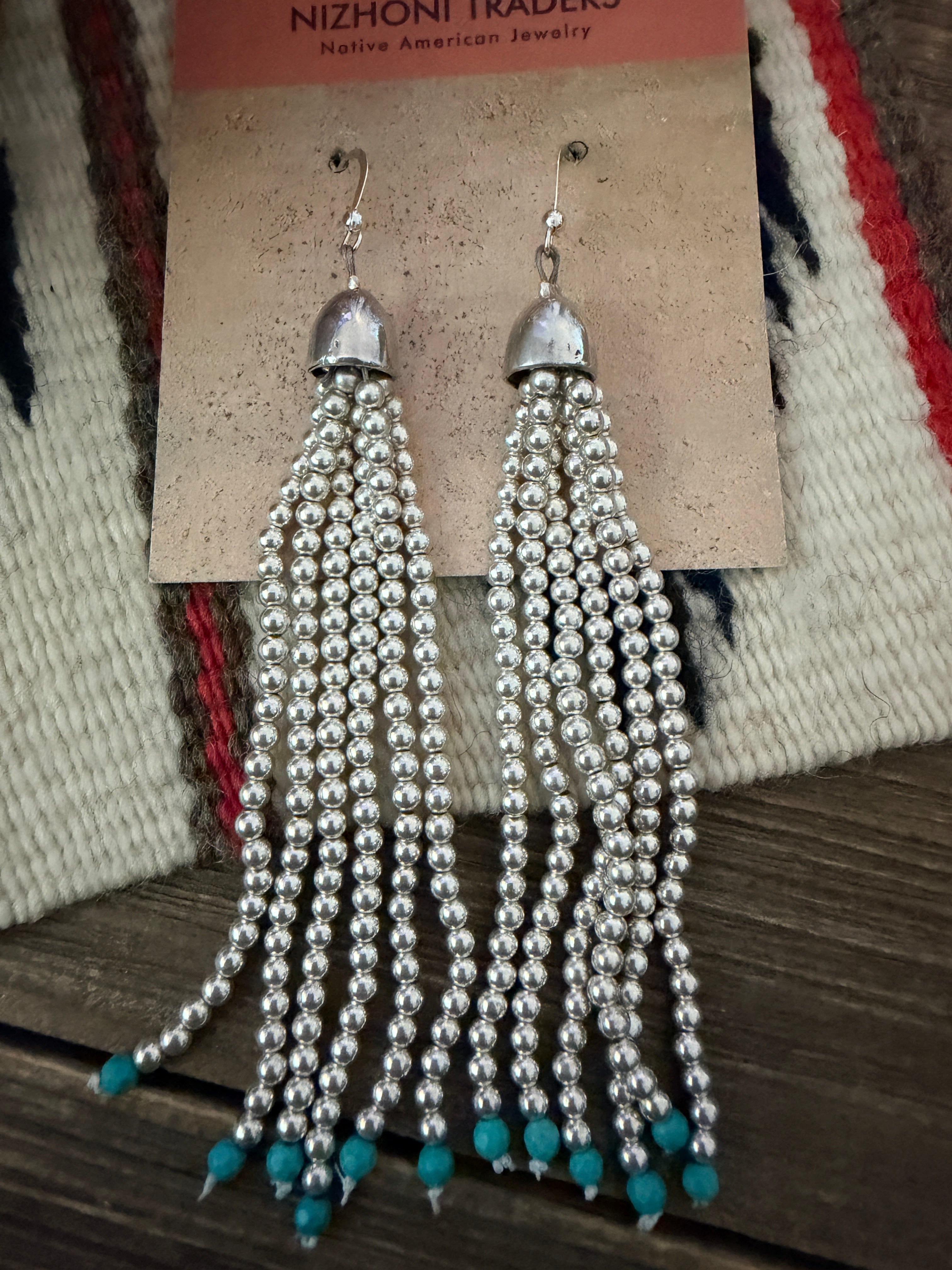 Handcrafted Turquoise & Sterling Silver Pearl Beaded Tassel Dangle Earrings