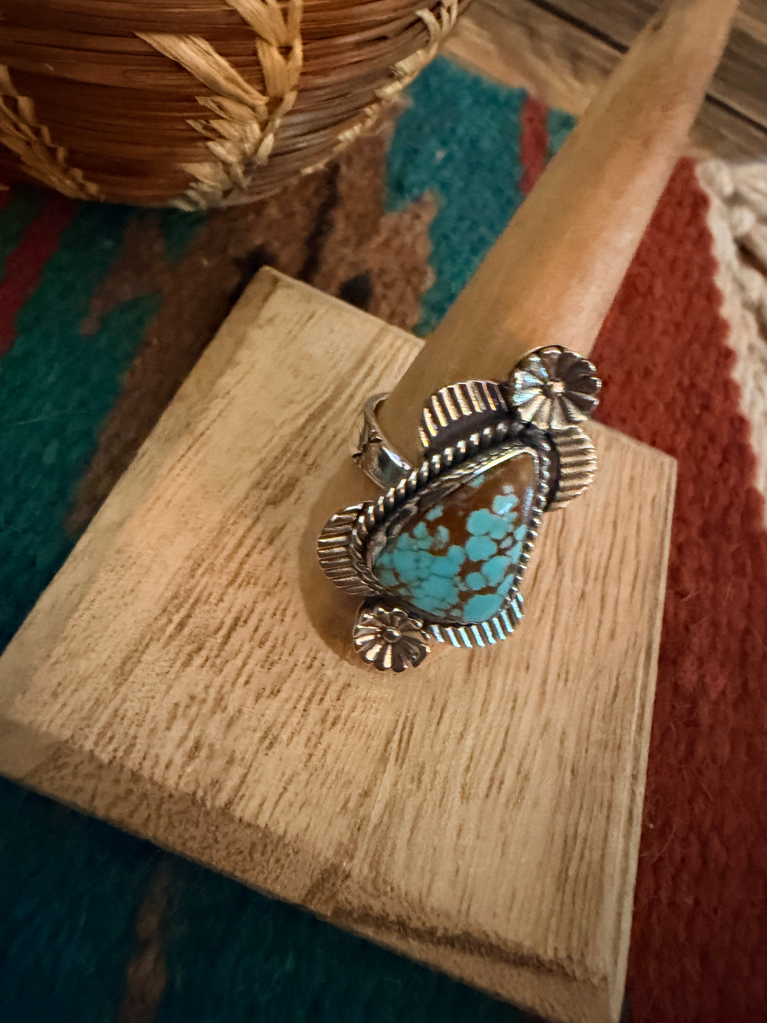 Handmade Sterling Silver Number 8 Turquoise Adjustable Ring Signed Nizhoni