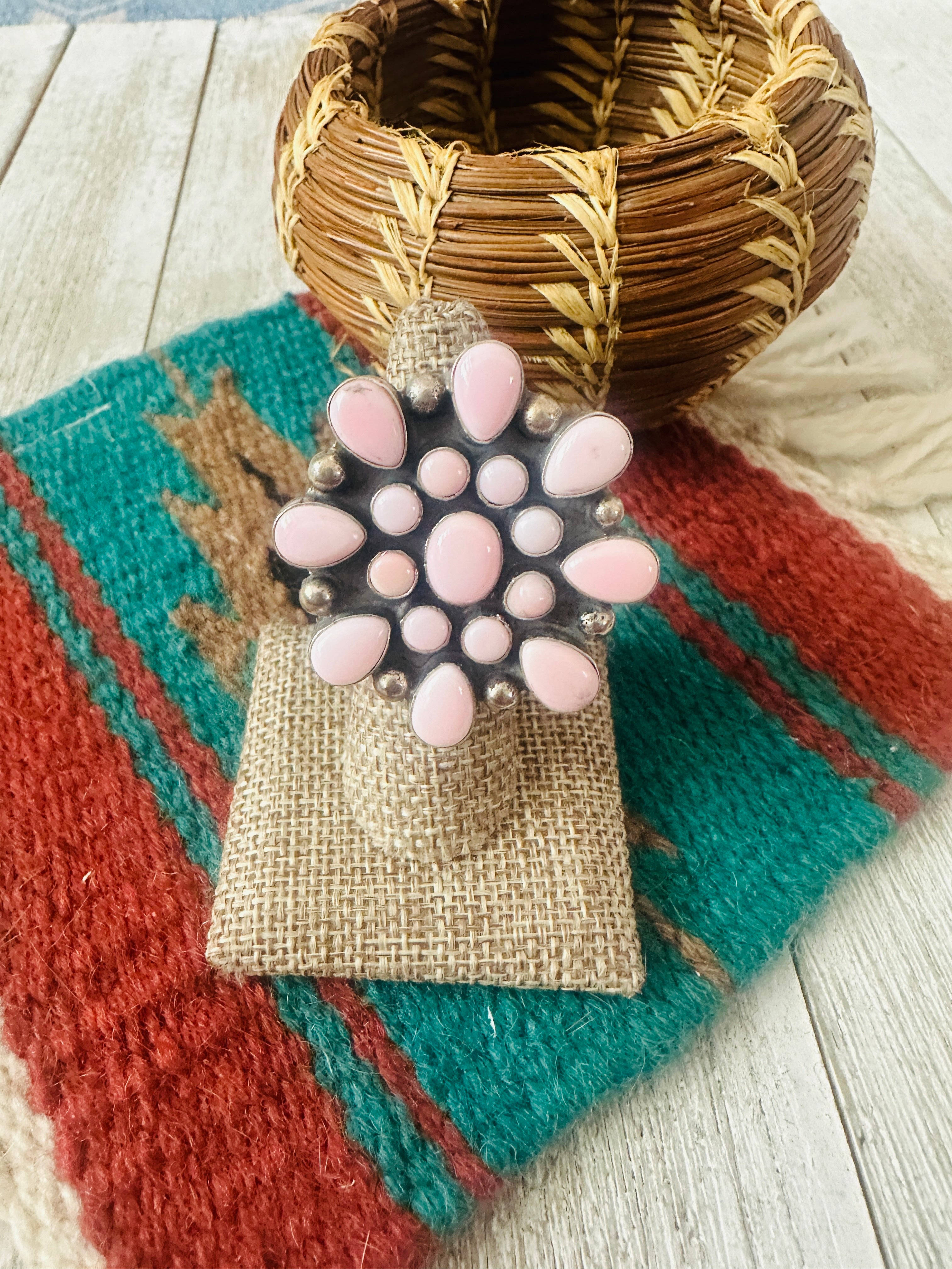 Handcrafted Sterling Silver & Queen Pink Conch Cluster Adjustable Ring