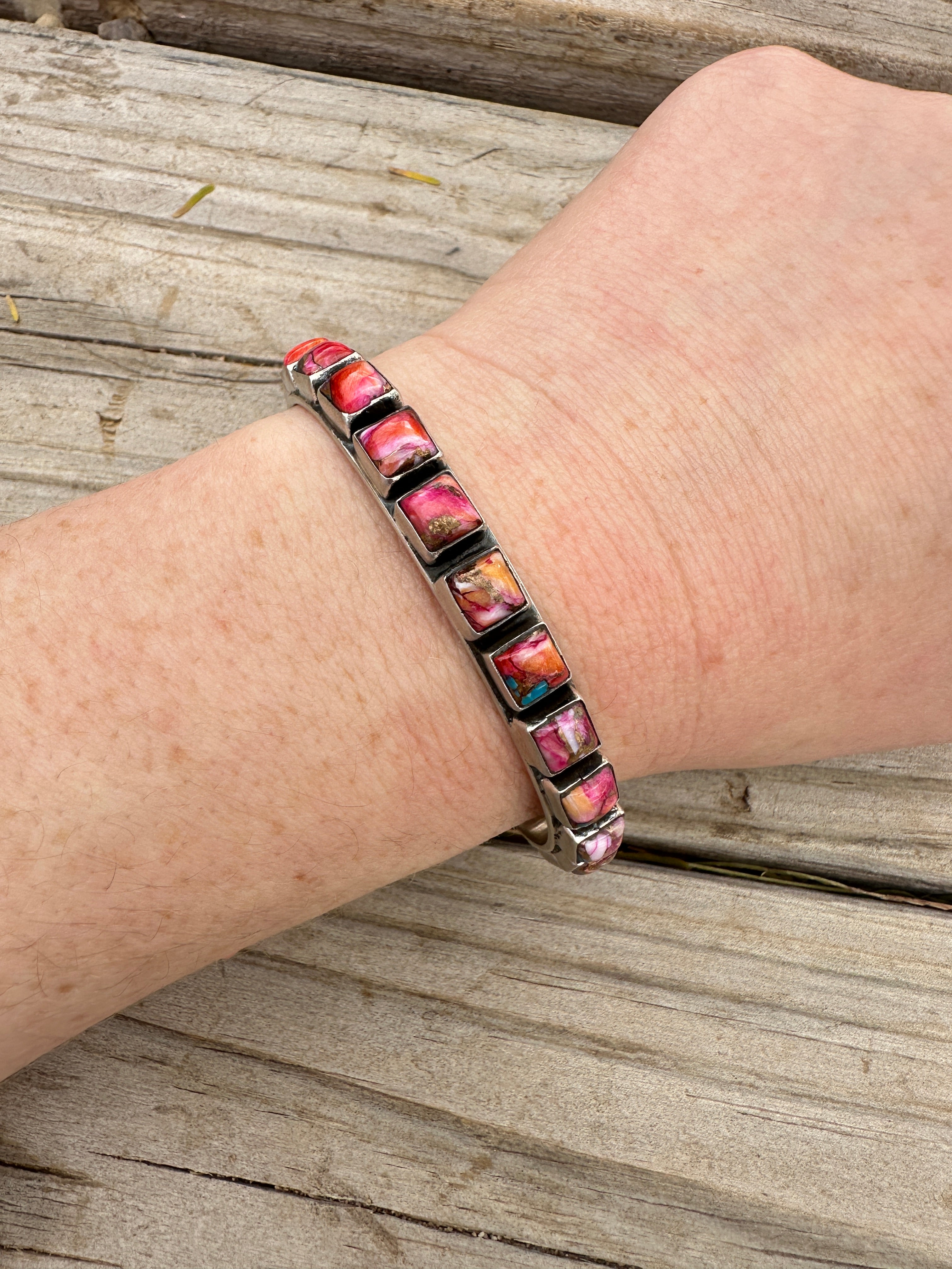 Handmade Sterling Silver & Pink Dream Mojave Adjustable Cuff Bracelet