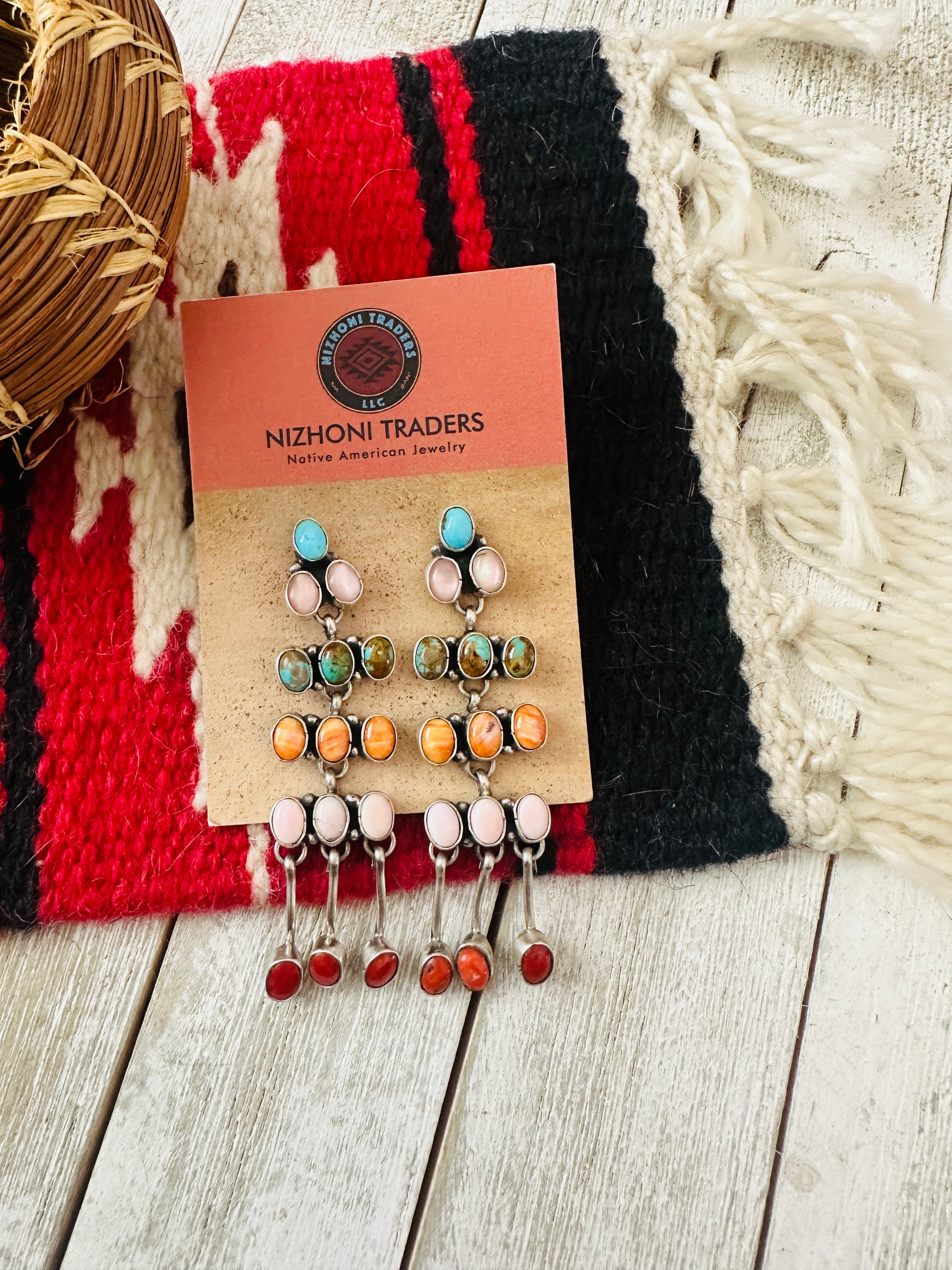 Navajo Multi Stone & Sterling Silver Chandelier Dangle Earrings by Marcella James