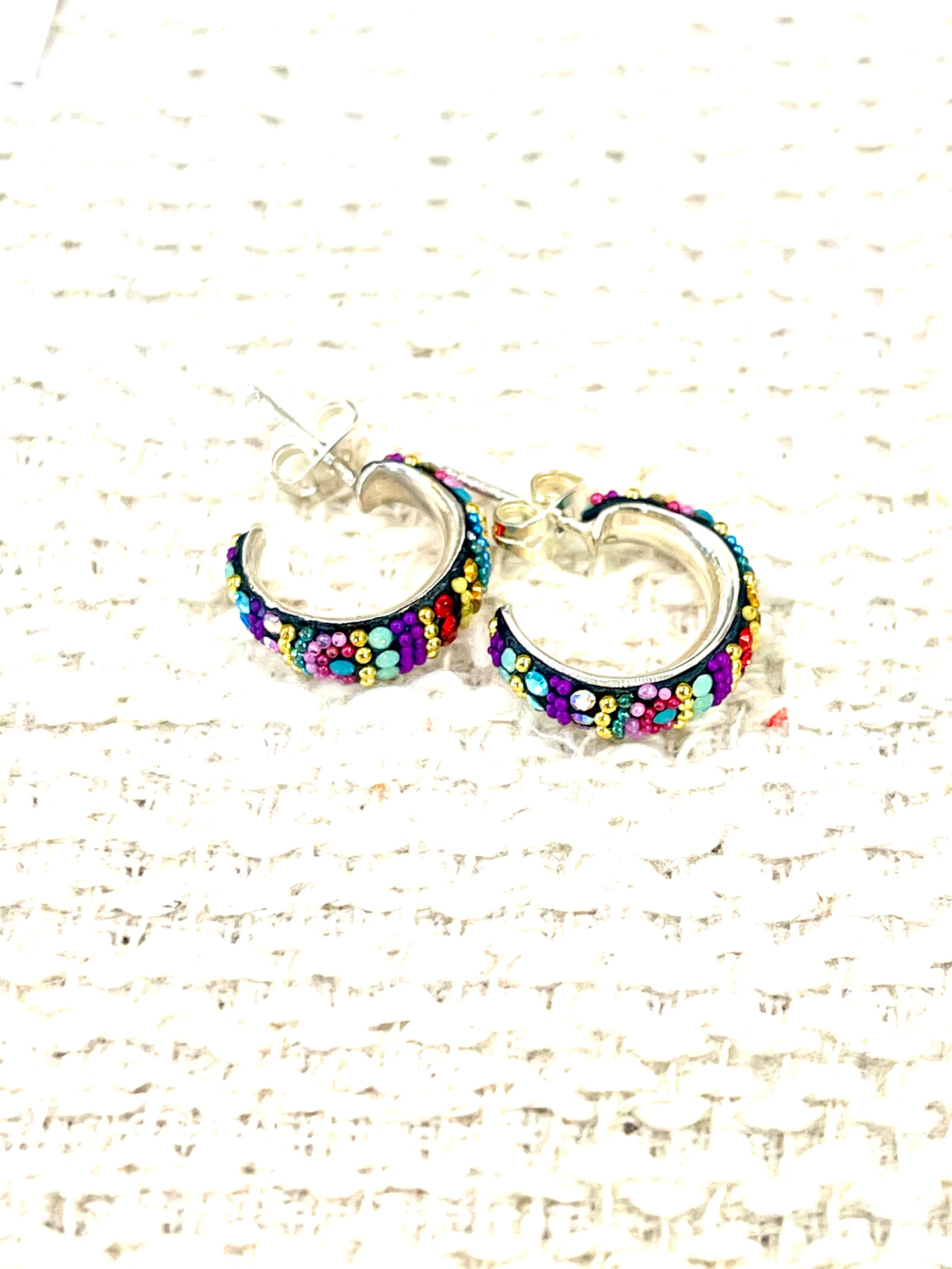Handmade In Mexico Sterling Silver , Multi Color Swarovski Crsytal Hoop Earrings