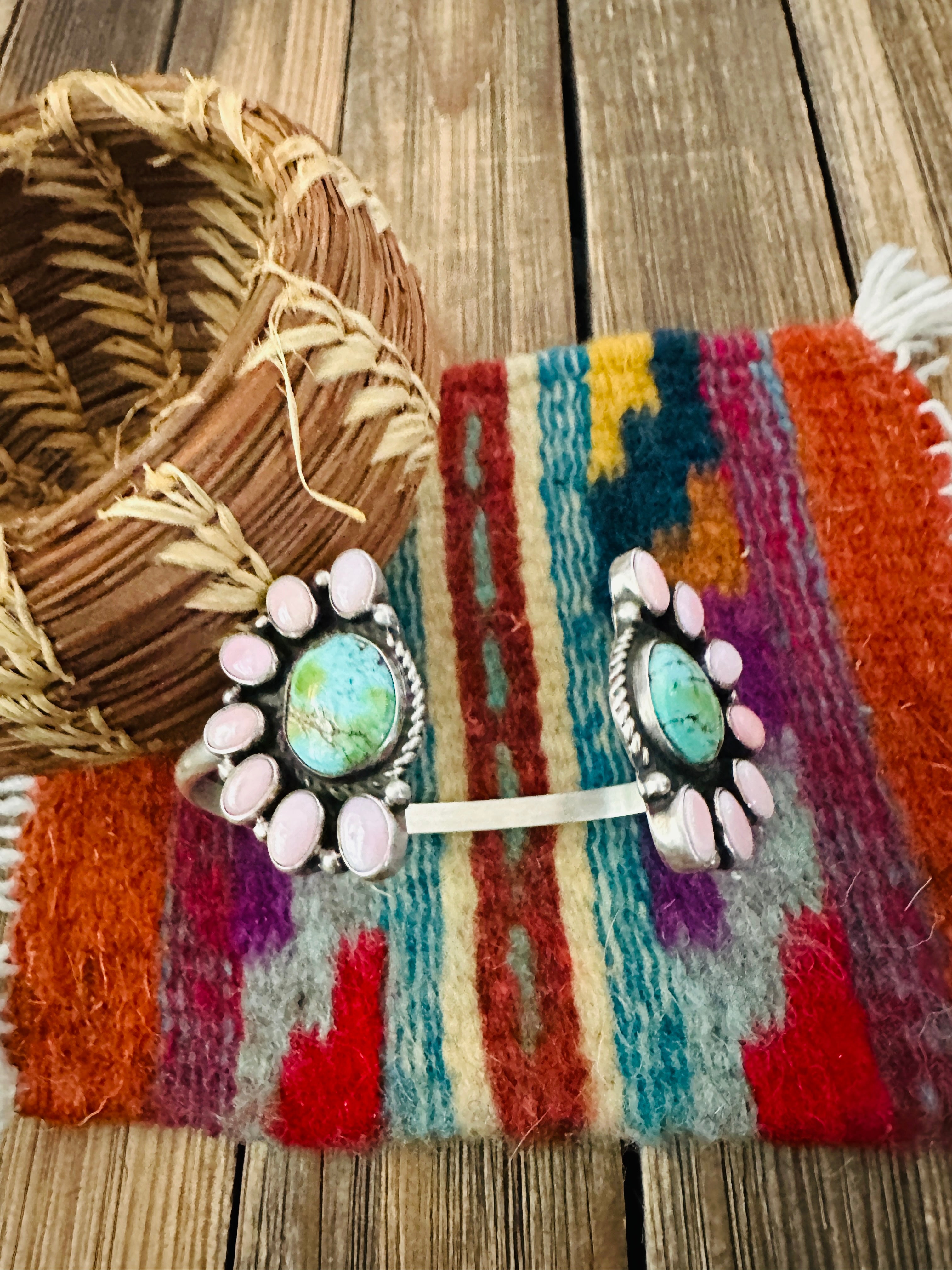 Handcrafted Queen Pink Conch, Turquoise & Sterling Silver Floating Cuff Bracelet by Geraldine James