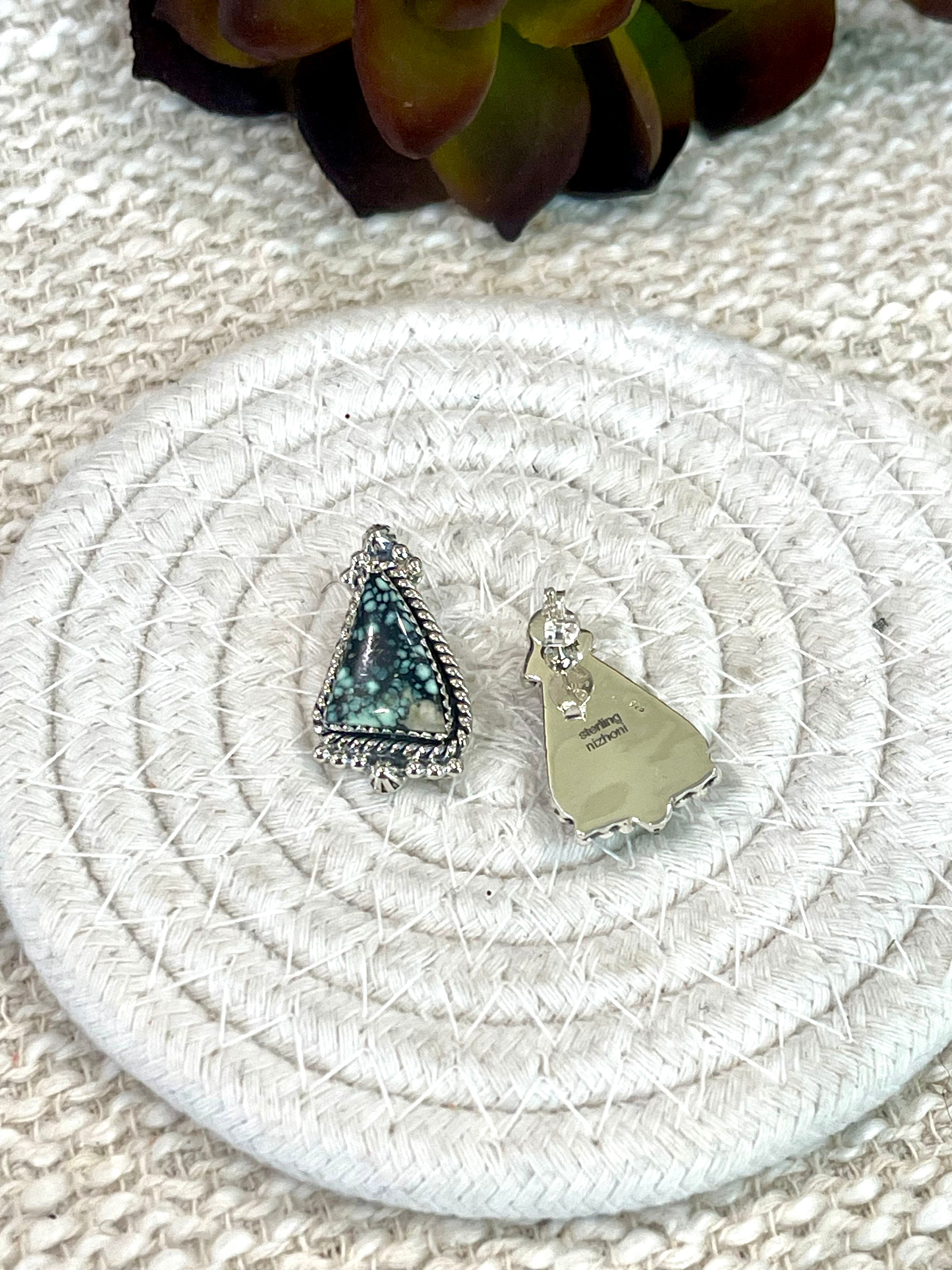 Handmade New Lander Turquoise and Sterling Silver Post Earring