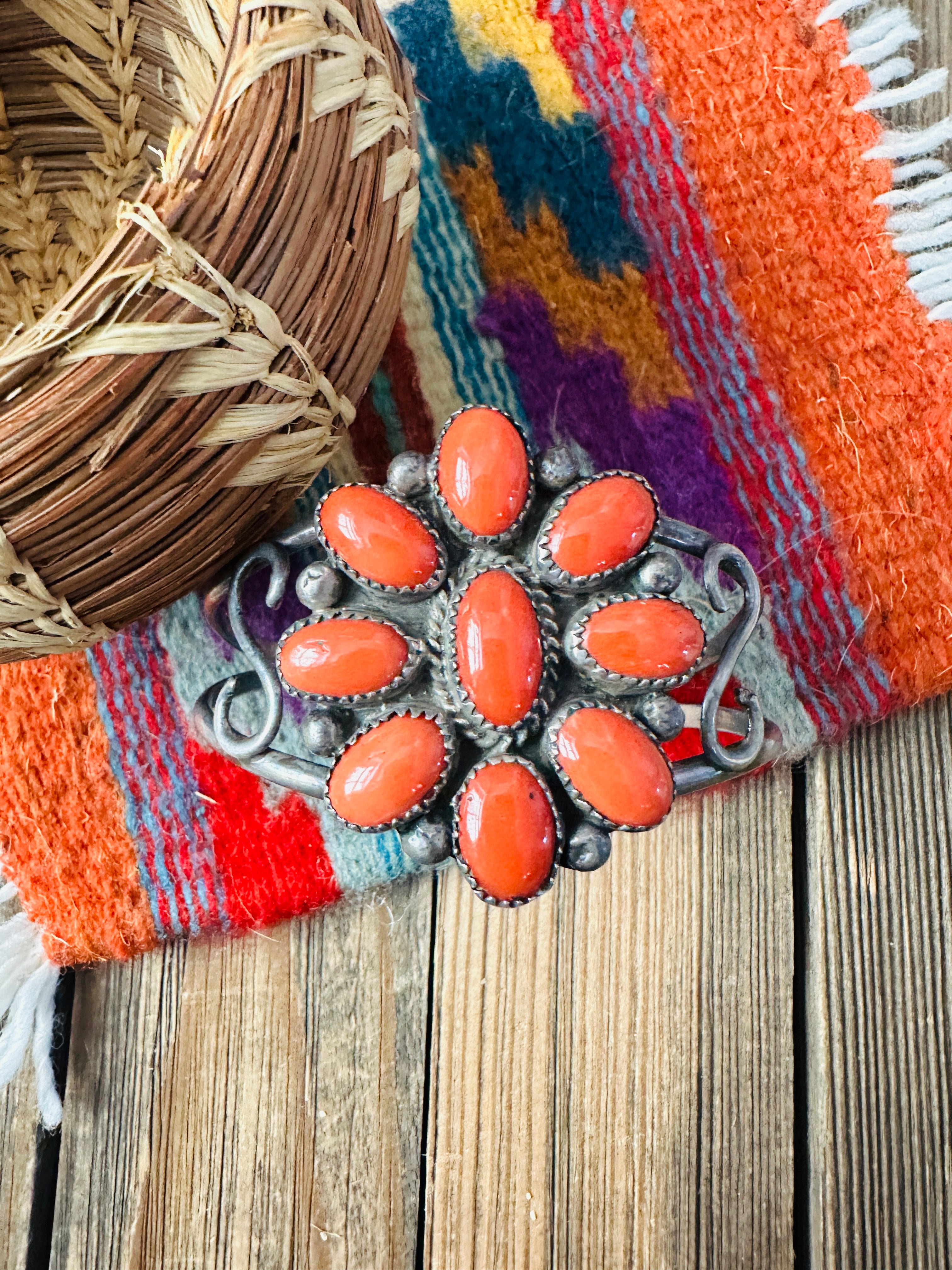 Handcrafted Old Pawn Sterling Silver & Coral Cluster Cuff Bracelet