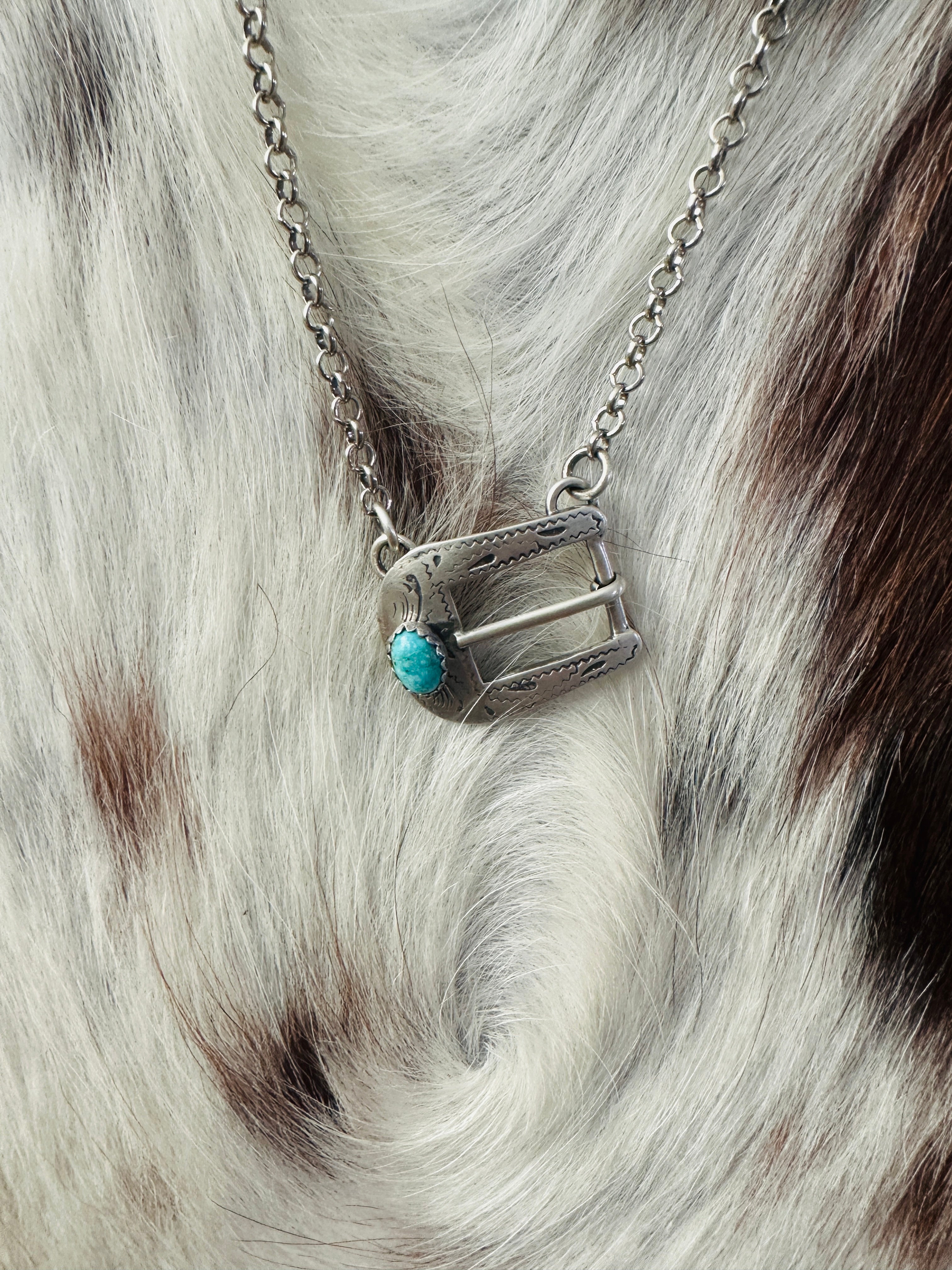 Handcrafted Turquoise & Sterling Silver Belt Buckle Necklace by Patrick Yazzie