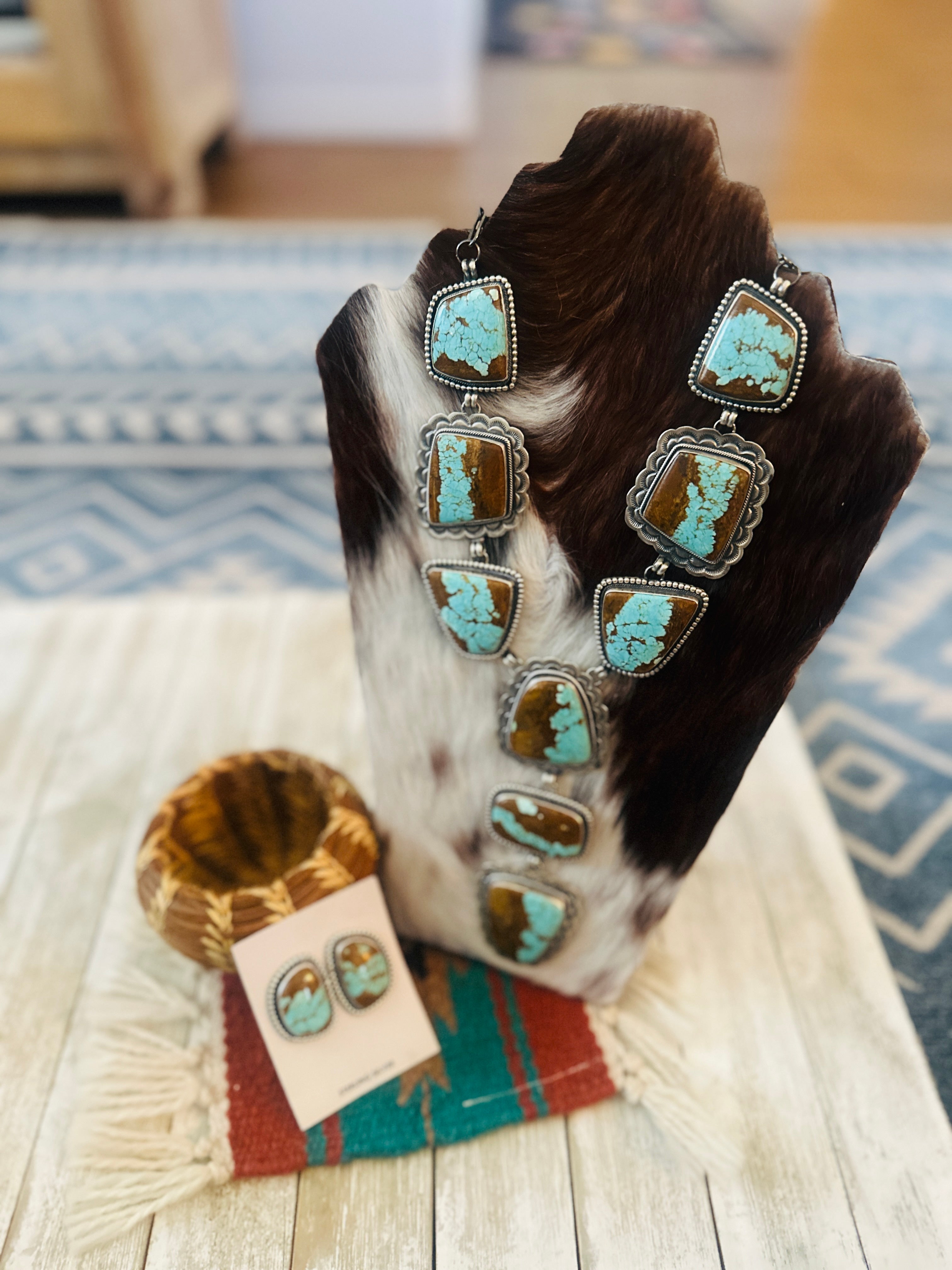 Handcrafted Number 8 Turquoise & Sterling Silver Necklace and Earring Set by Darrin Livingston