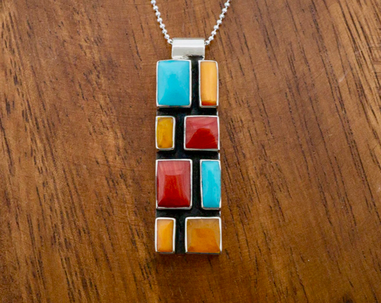 Multistone Slim Mosaic Sterling Silver Pendant Necklace