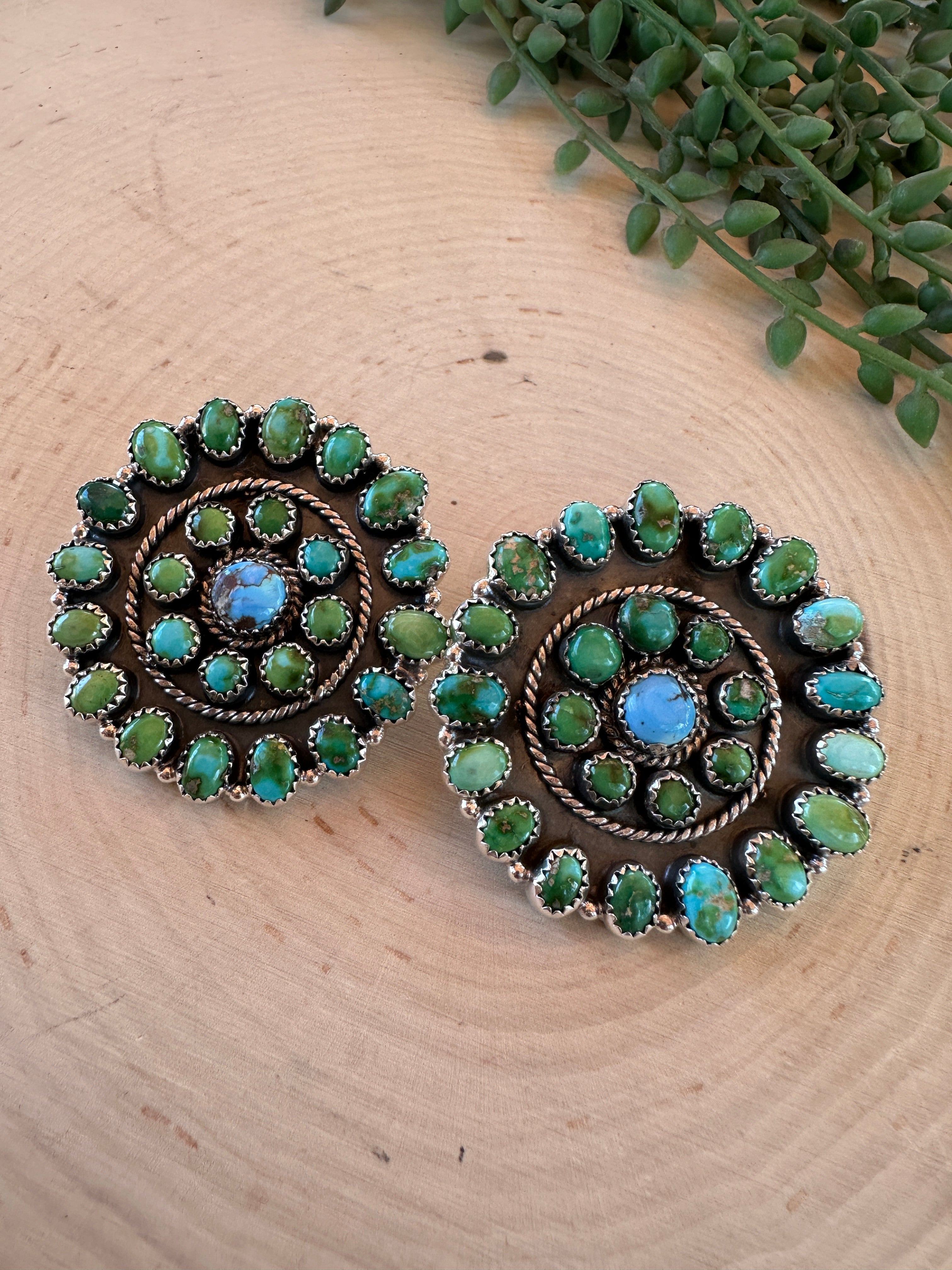 Handmade Golden Hills Turquoise, Sonoran Mountain Turquoise & Sterling Silver Cluster Post Earrings
