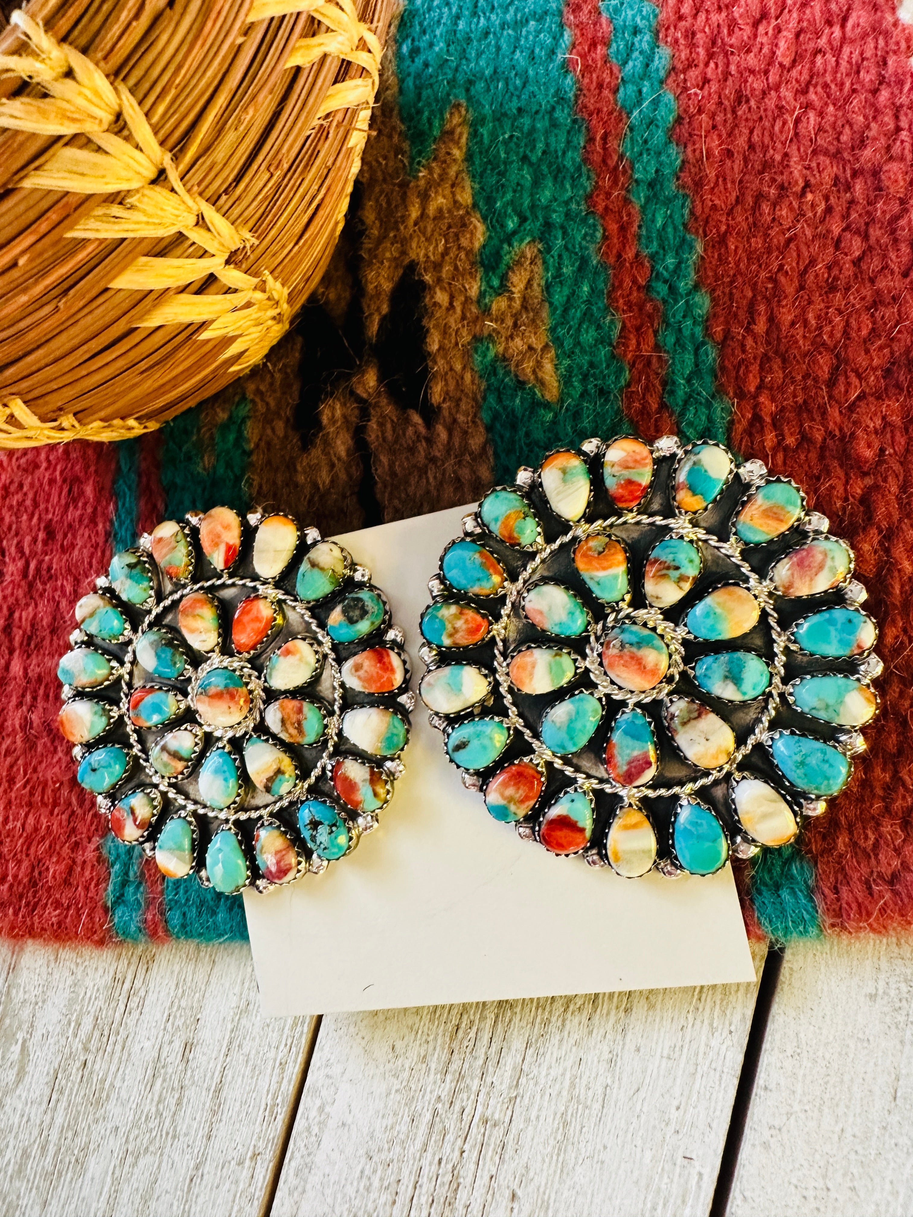 Navajo Multi Stone Spice And Sterling Silver Cluster Post Earrings