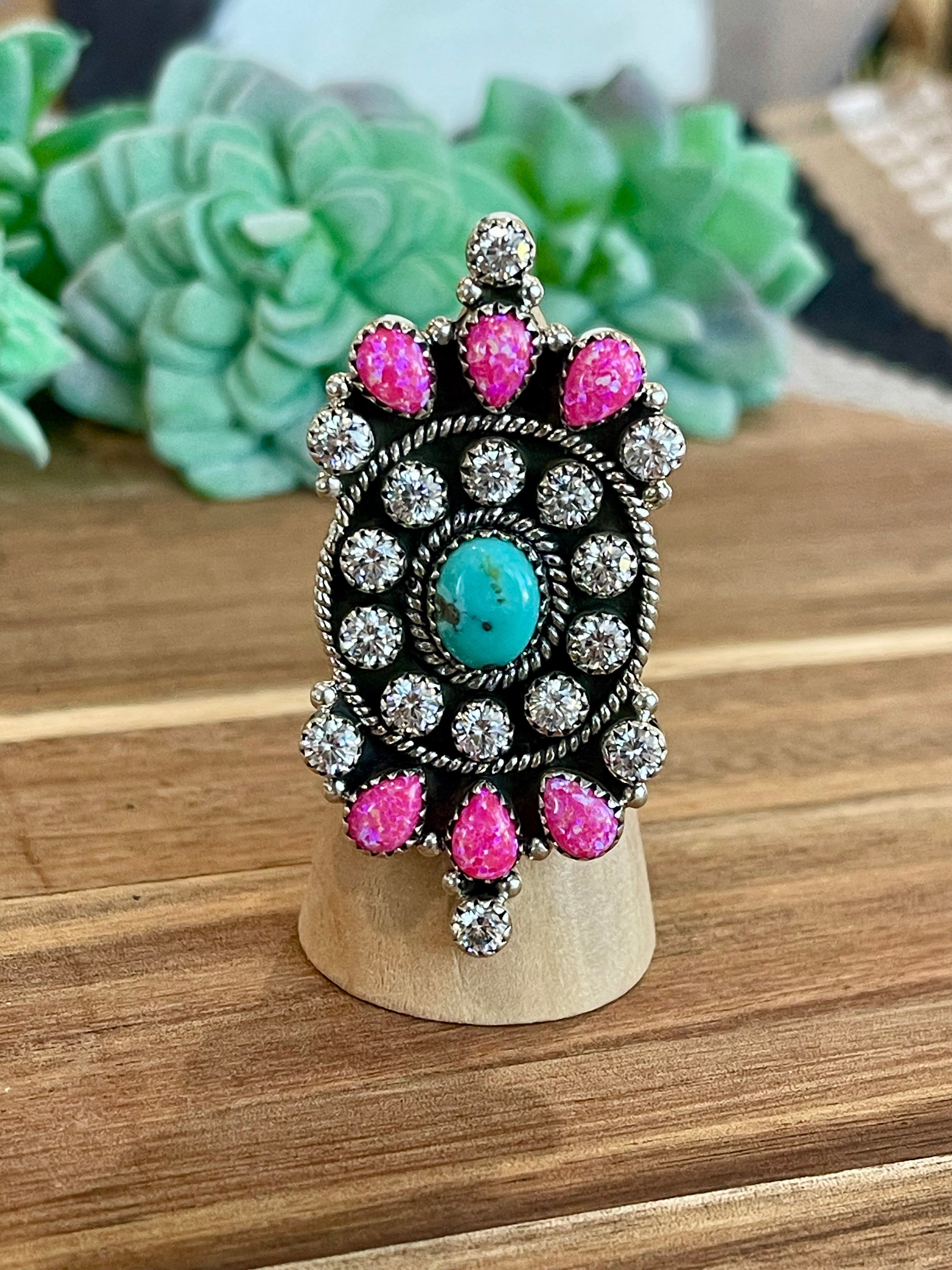 Handmade Pink Fire Opal, Opal, Cubic Zirconia And Sterling Silver Adjustable Ring Signed Nizhoni