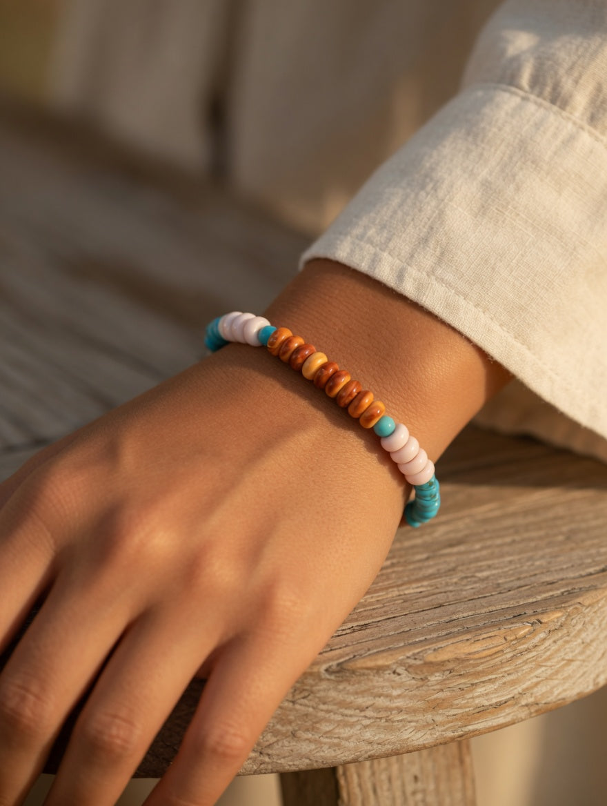 Handcrafted Multi Stone & Sterling Silver Beaded Stretch Bracelet