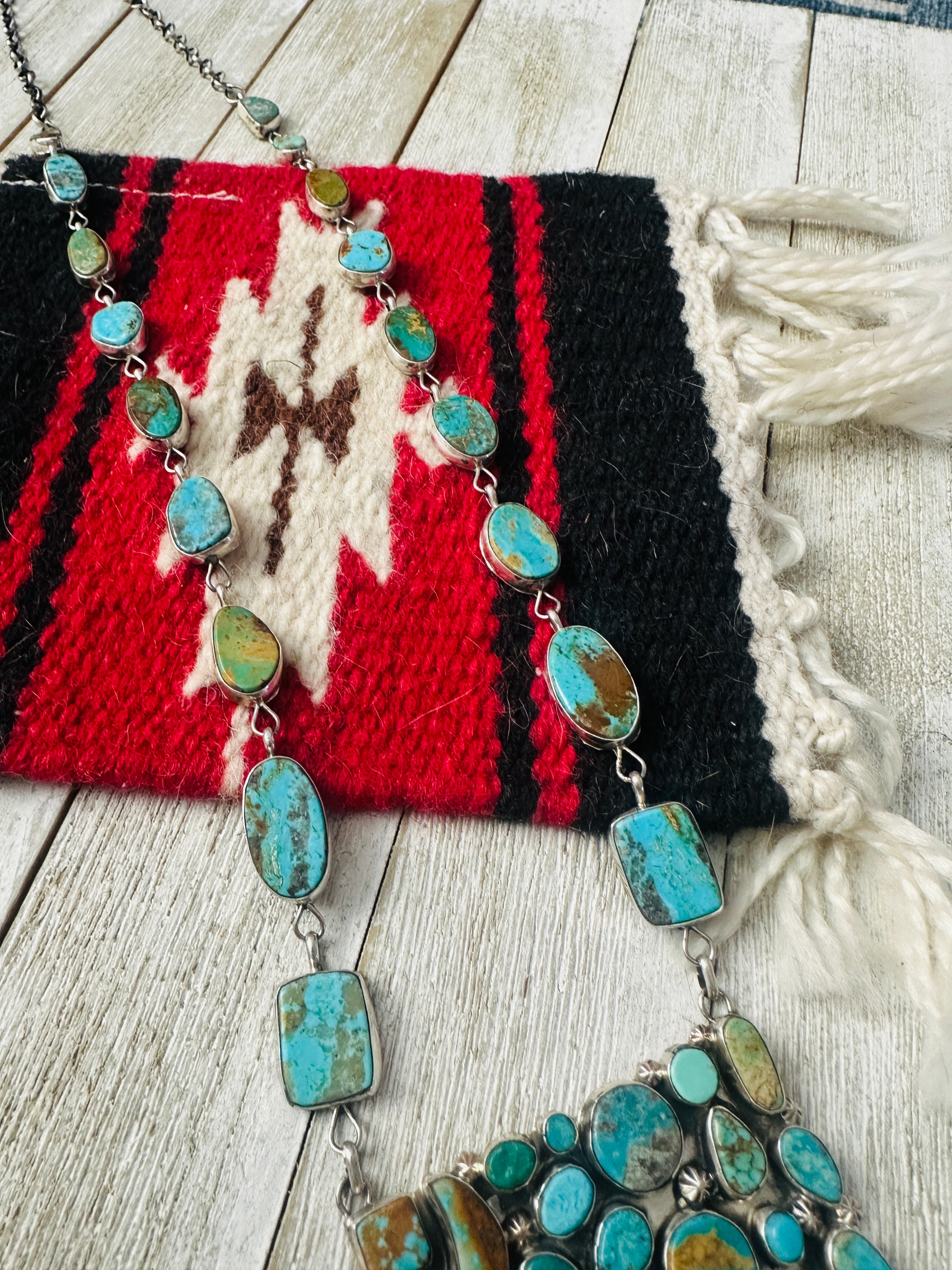 Handcrafted Royston Turquoise, CZ & Sterling Silver Cluster Necklace by Jacqueline Silver