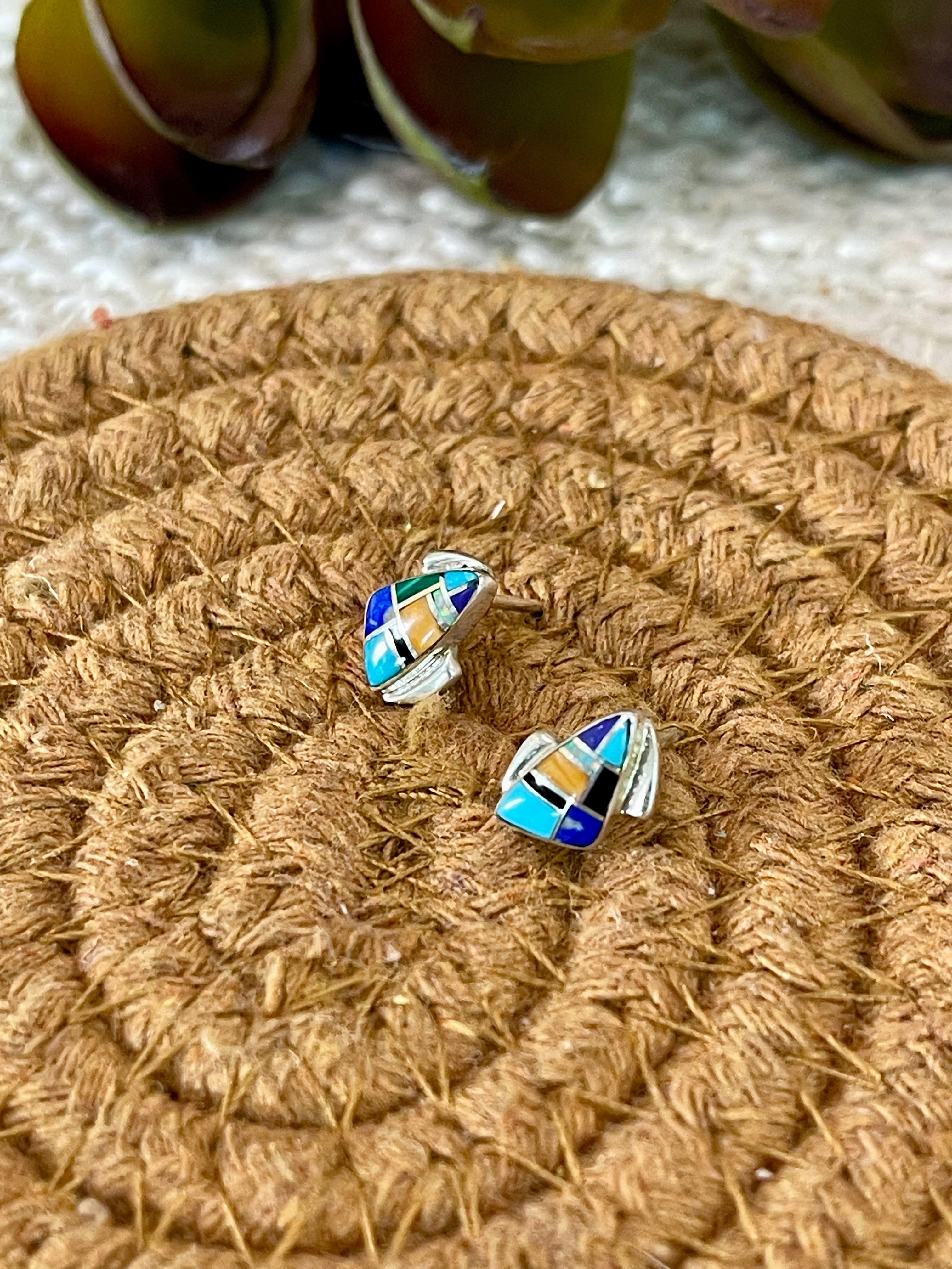 Beautiful Handmade Sterling Silver & Multi Stone Inlay Stud Earrings