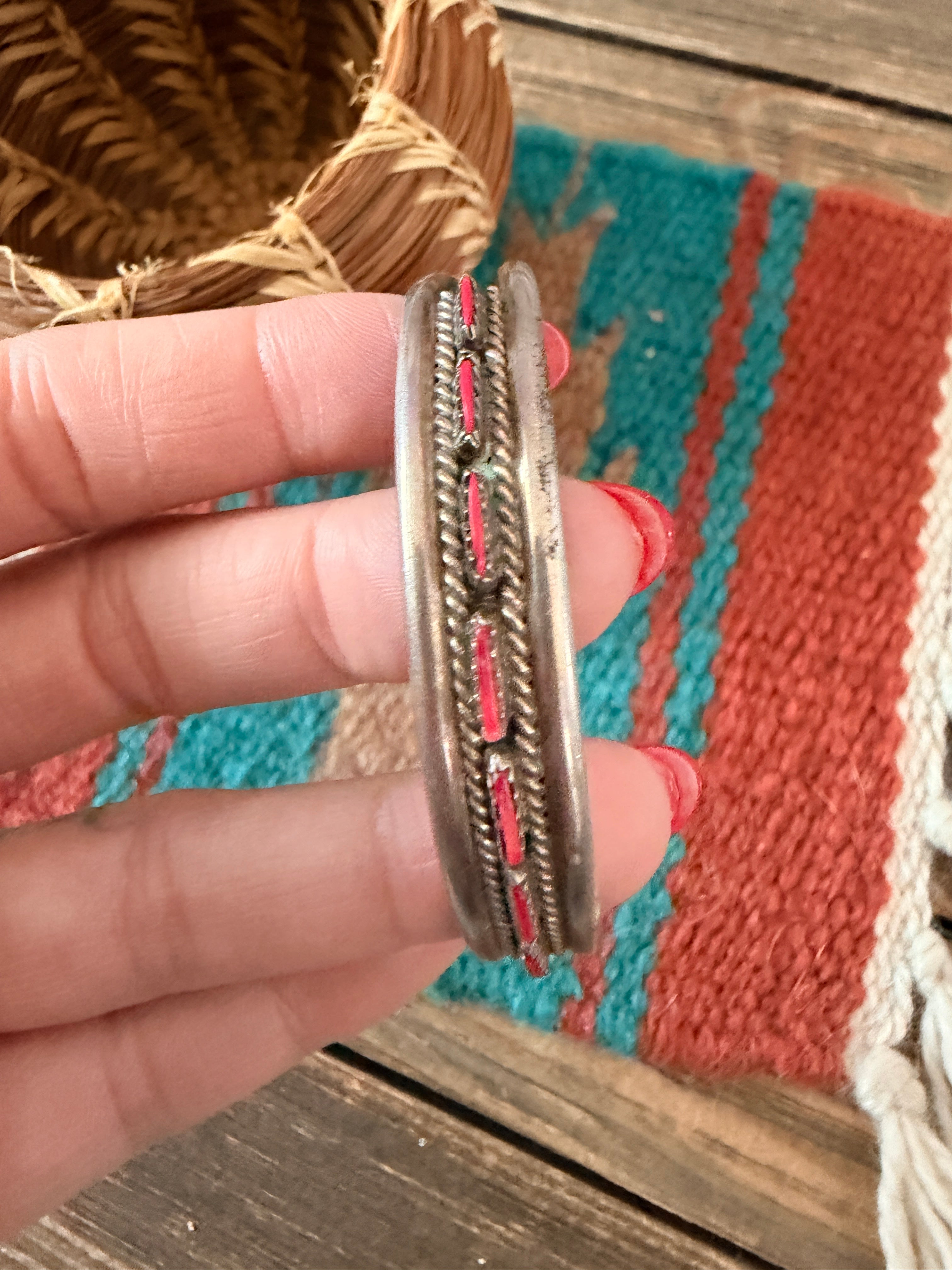 Handcrafted Old Pawn Sterling Silver & Coral Needlepoint Cuff Bracelet
