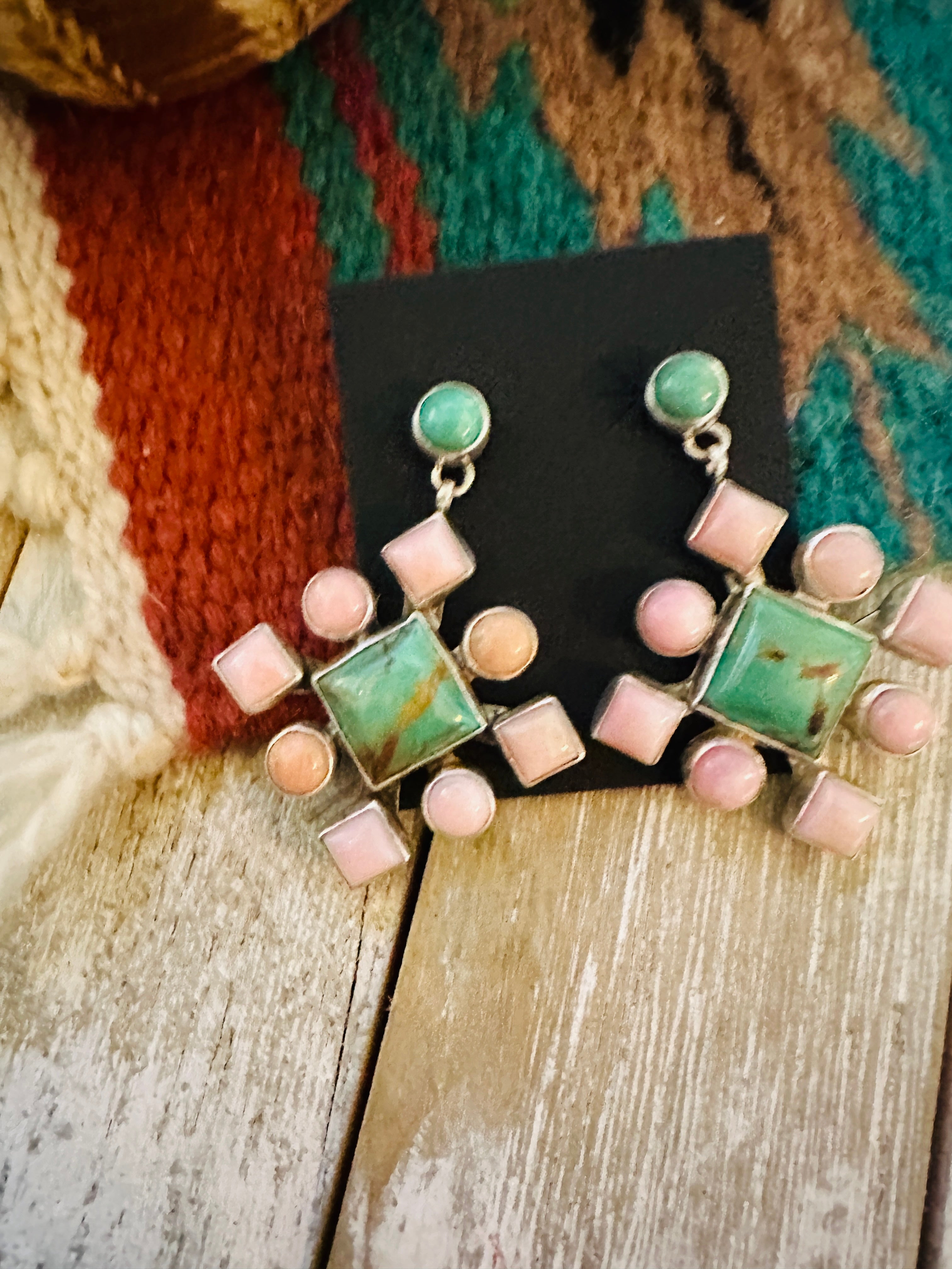 Handcrafted Queen Pink Conch, Turquoise & Sterling Silver Cluster Dangle Earrings