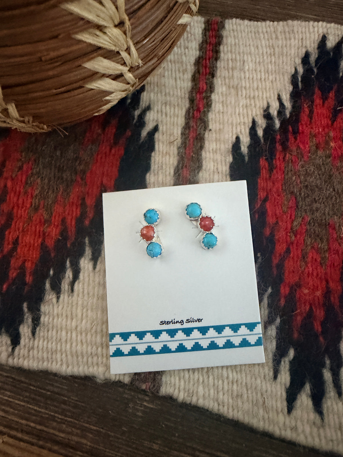 Handcrafted Turquoise, Coral & Sterling Silver Stud Earrings