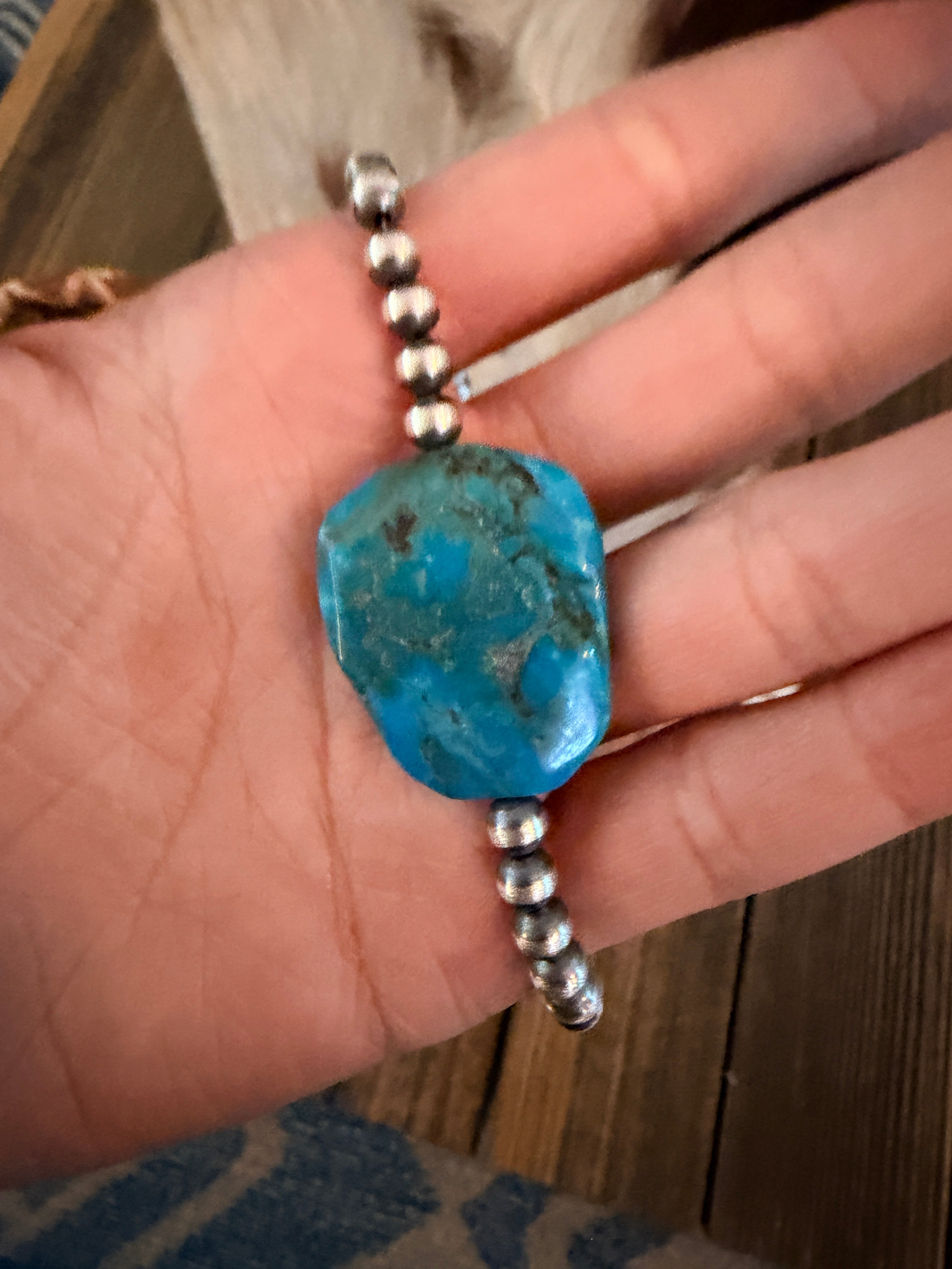 Handcrafted Kingman Turquoise & Sterling Silver Pearl 18” Beaded Necklace