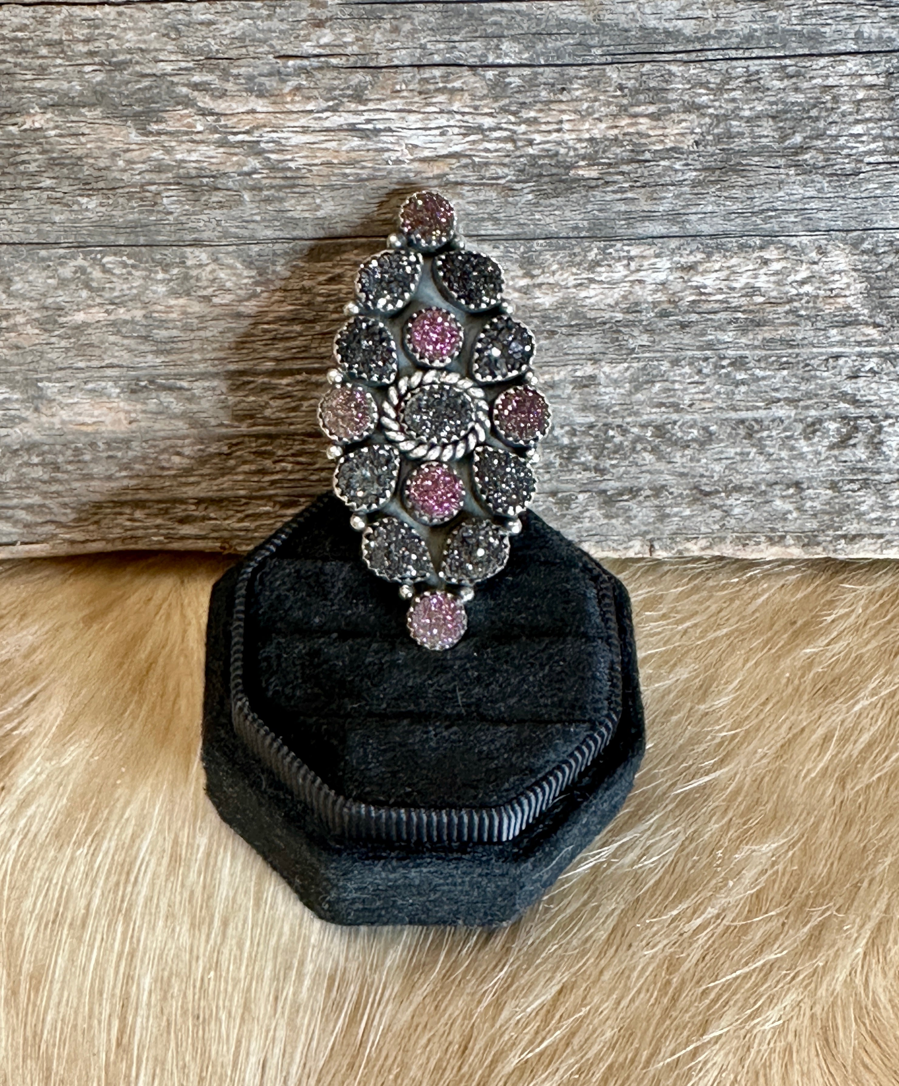 Handmade Purple, Pink & Grey Druzy Sterling Silver Adjustable Ring