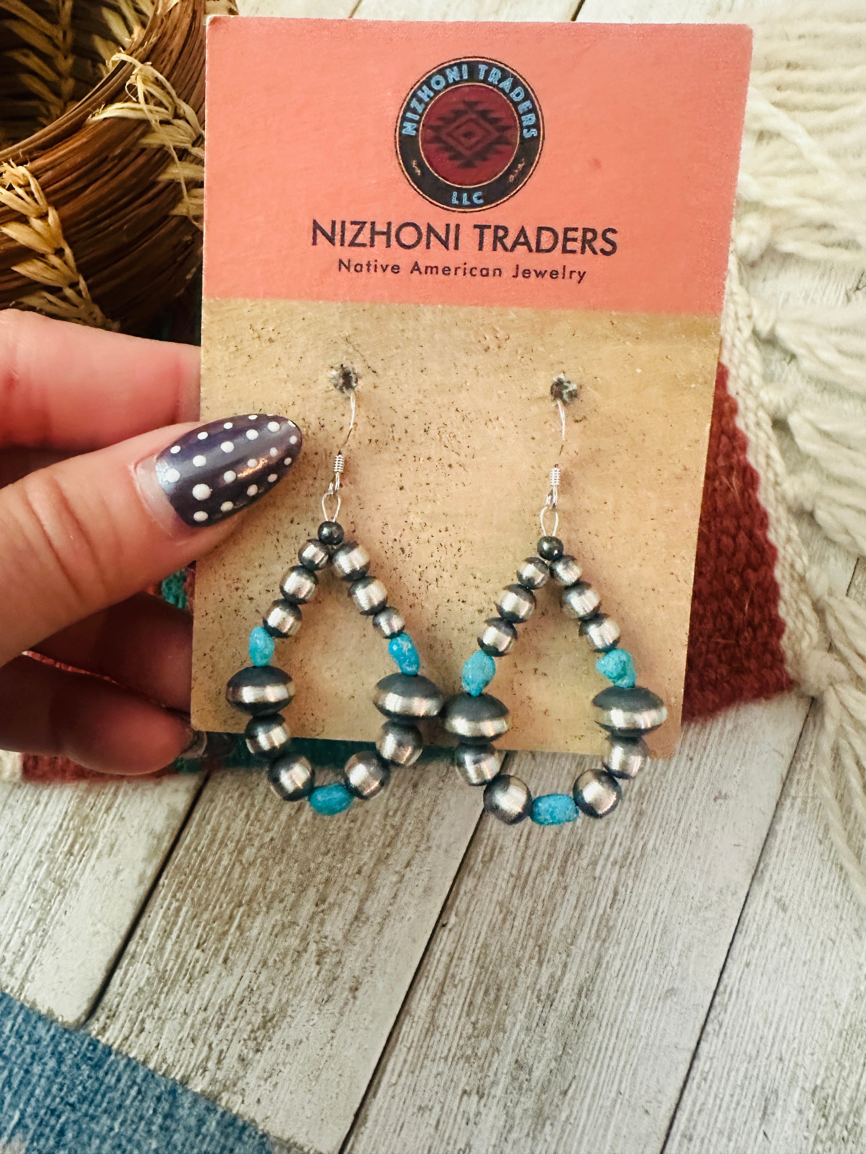 Handcrafted Turquoise & Sterling Silver Beaded Dangle Hoop Earrings