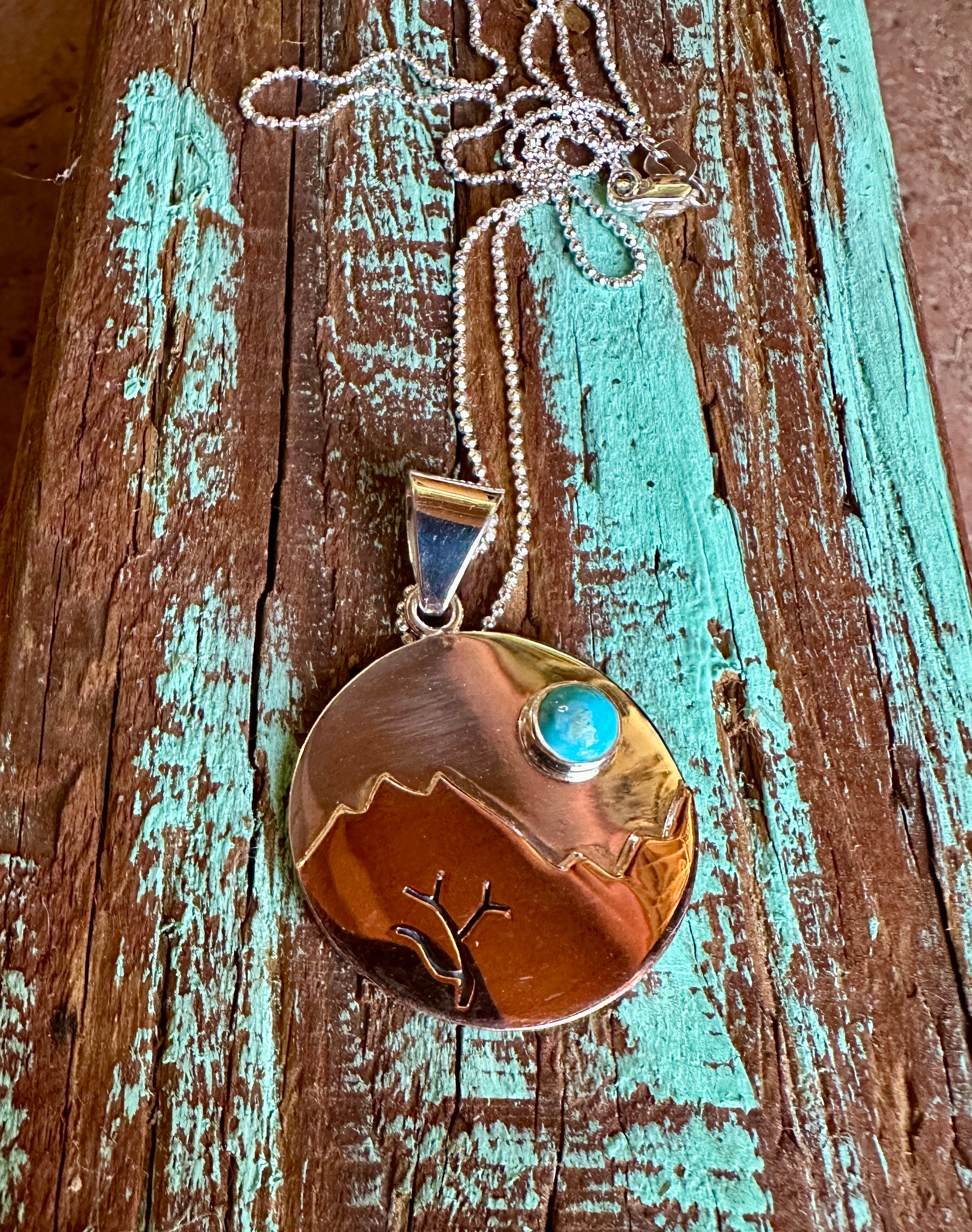 Copper Sunrise Turquoise Sterling Silver Pendant Necklace