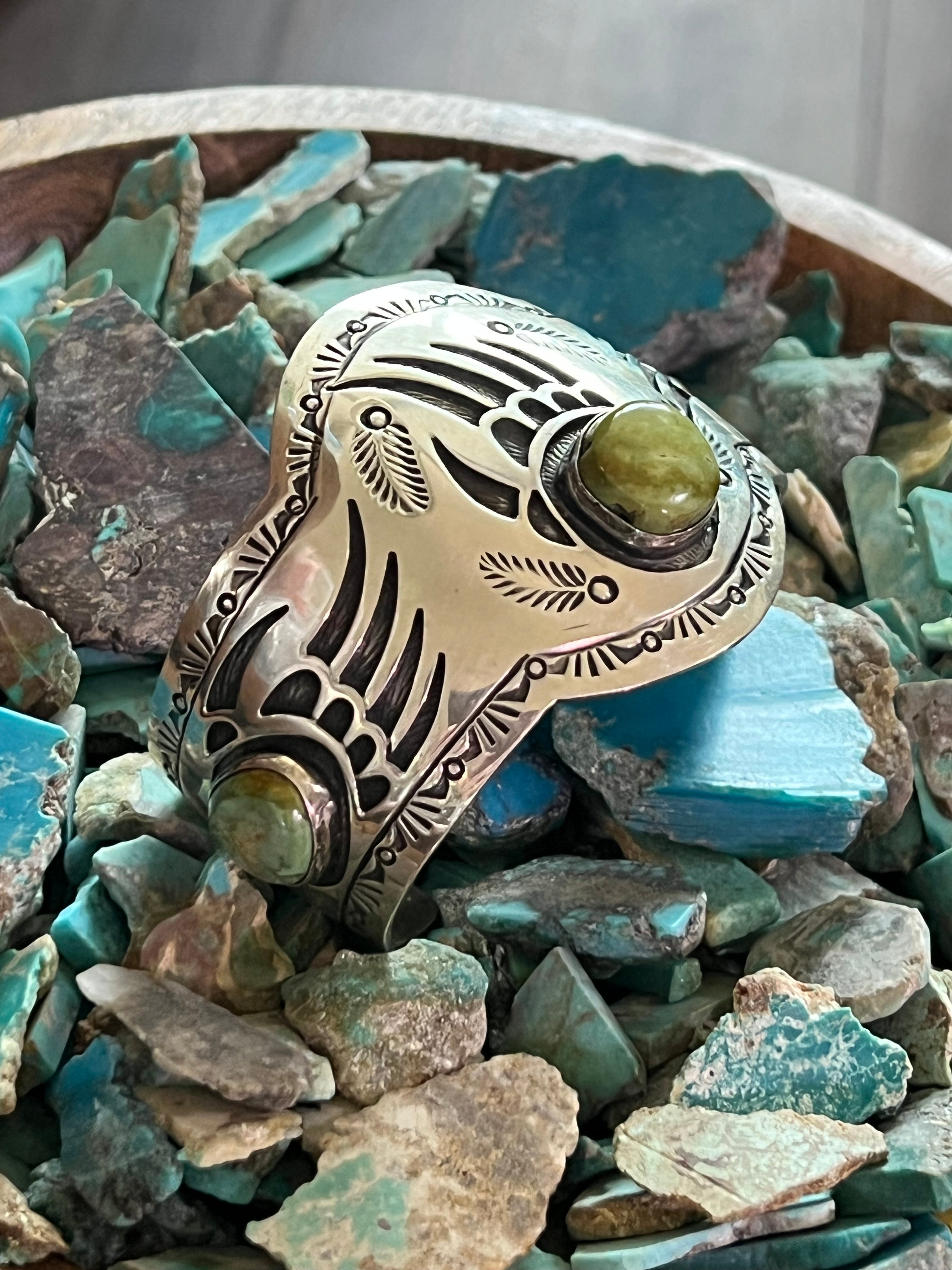 Handcrafted Old Pawn Sterling Silver and Royston Turquoise Overlay Bear Paw Cuff Bracelet by Charlie Bowie /