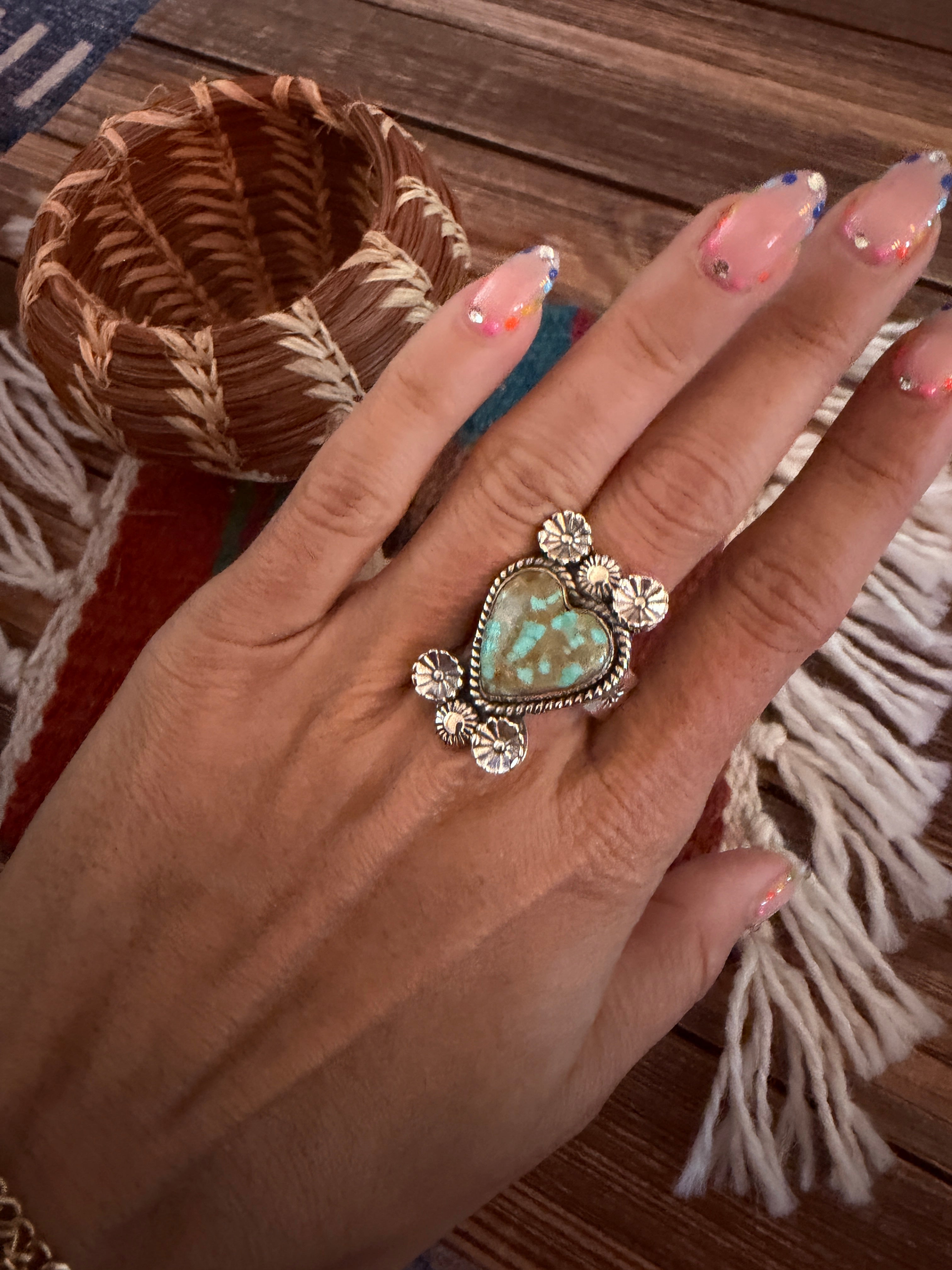 Handmade Sterling Silver Number 8 Turquoise Adjustable Heart Ring Signed Nizhoni