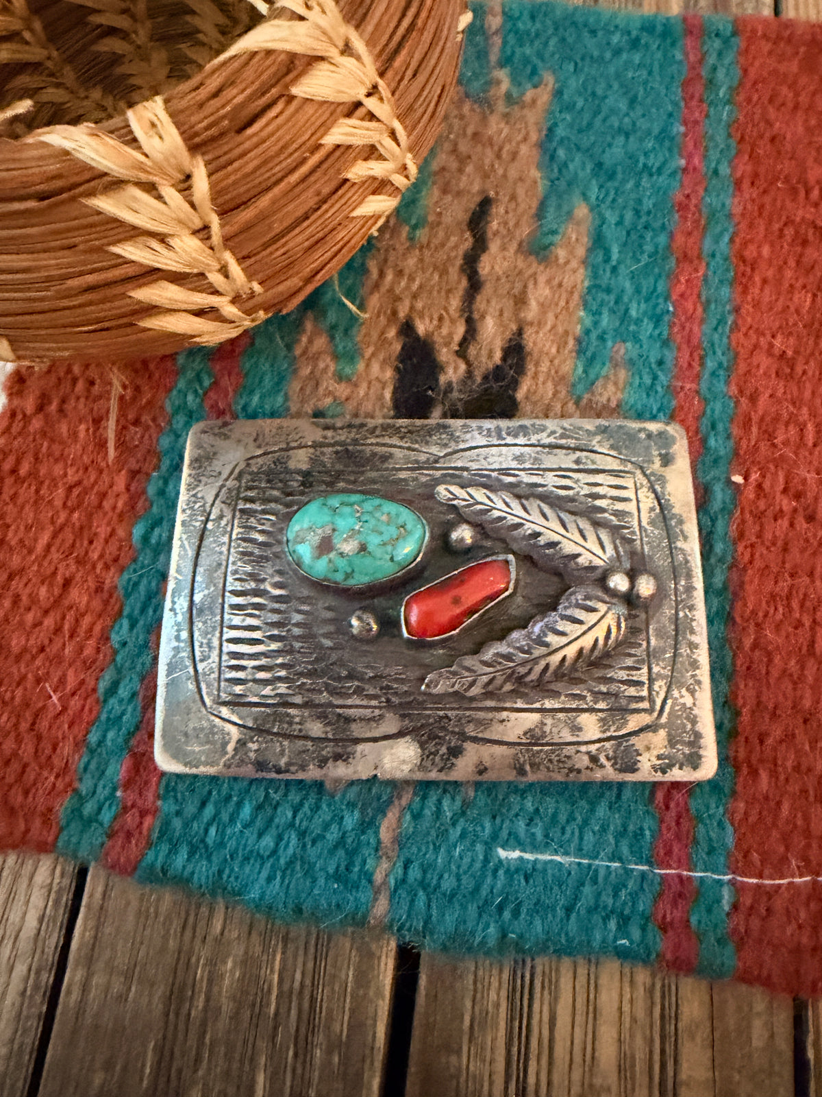 Handcrafted Vintage Old Pawn Sterling Silver, Turquoise & Coral Belt Buckle