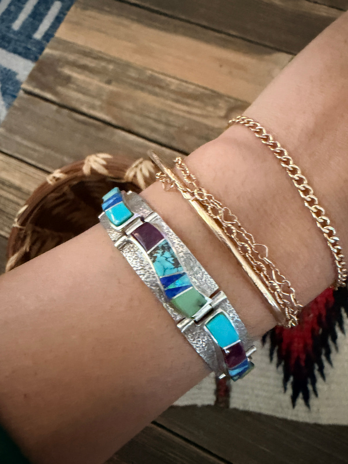 Handcrafted Old Pawn Sterling Silver & Multi Stone Inlay Link Bracelet
